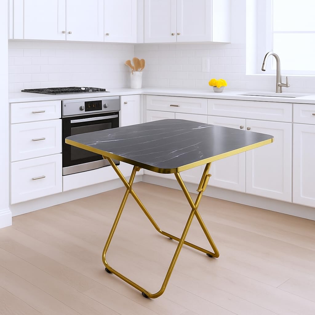 SKY-TOUCH Folding Table, Multi-Purpose Iftar Table with Black Marble-Look Wood Top Gold Metal Frame, for Prayer, Dining, Sofa Side, Outdoor & Bedroom, No Assembly, Portable & Space-Saving(60*60*90cm)