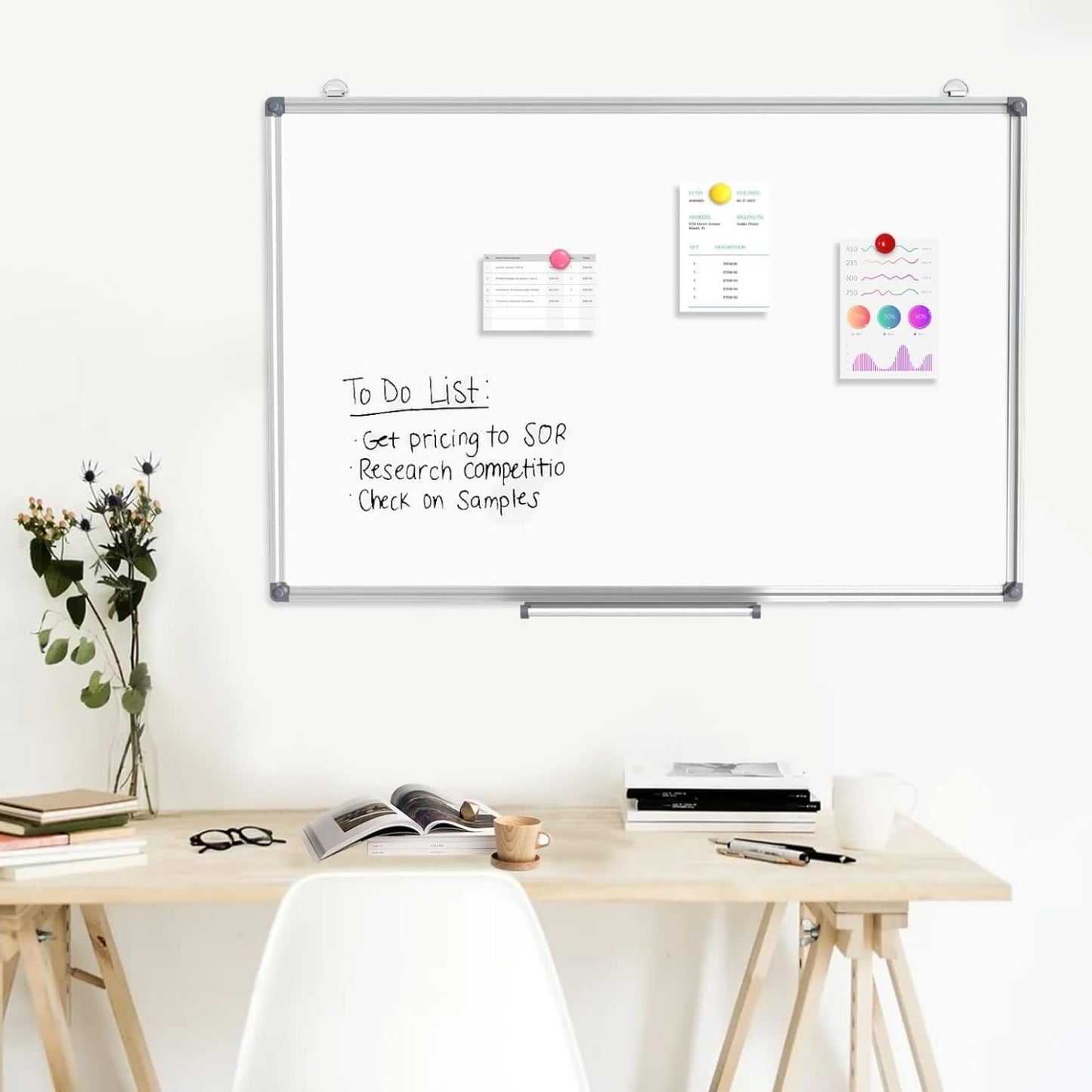 سبورة بيضاء مغناطيسية SKY-TOUCH مقاس 90 × 120 سم، لوحة بيضاء مثبتة على الحائط مع صينية قلم، لوحات بيضاء قابلة للمسح الجاف قابلة للتركيب للمنزل والمكتب ولوحة إشعارات المدرسة