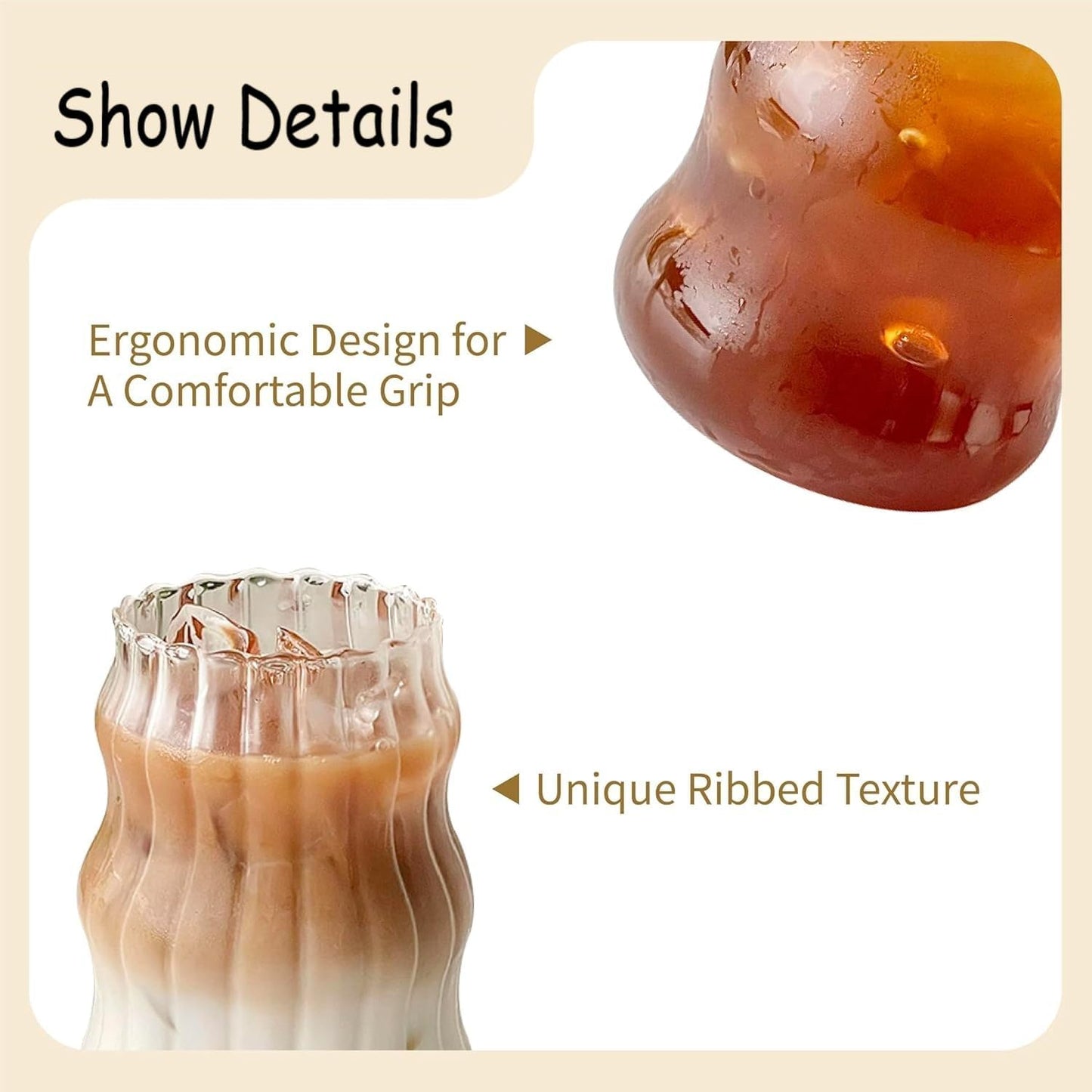 SKY-TOUCH 2 Pcs Ribbed Glass Cups 530ml, Aesthetic Ripple Drinking Glassware for Iced Coffee, Juice, Milk, Tea, Smoothies, Cold Beverages, Vintage Bubble Tumbler Set