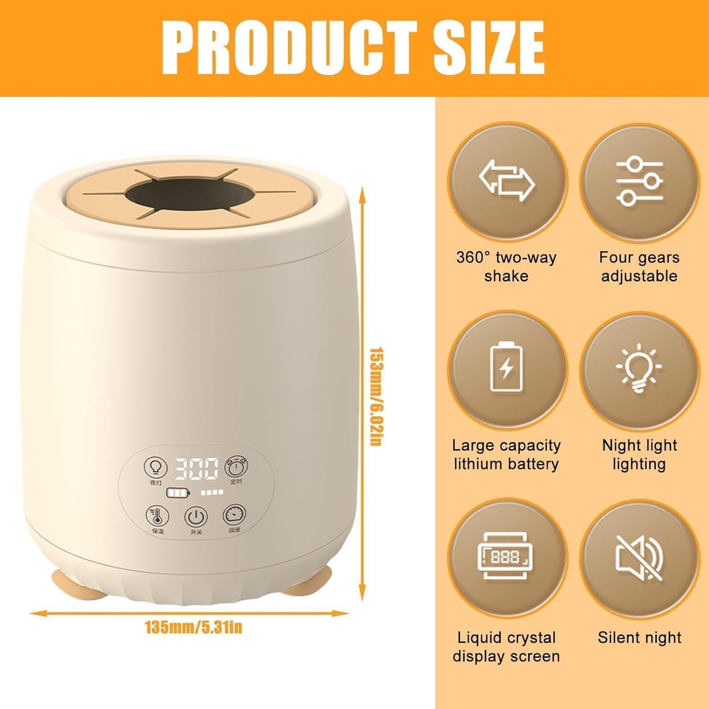 SKY-TOUCH Baby Milk Bottle Shaker,Automatic Warmer Feeding Baby Bottle,Portable Electric Feeding Milk Shaker,4-Speed Adjustment,LED Night Light + Thermal Insulation,Khaki 12 * 12 * 14.5cm