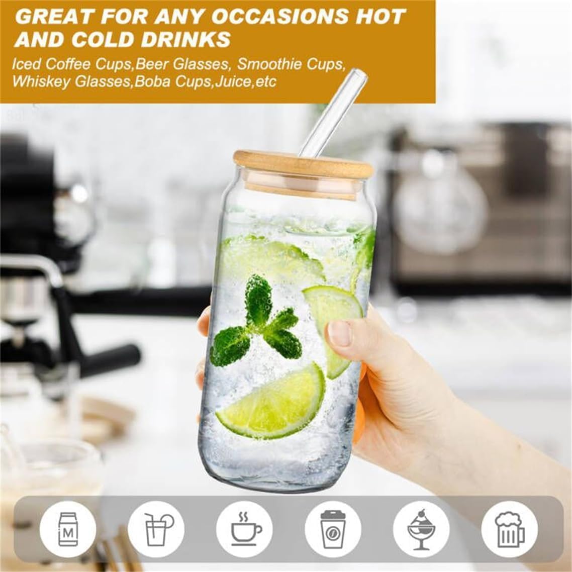 SKY-TOUCH 2 Pcs 550ml Glass Cups with Bamboo Lids and Straws, Clear Iced Coffee Glasses Set, Cute Aesthetic Reusable Drinking Tumblers for Tea, Coffee, Smoothie, Soda