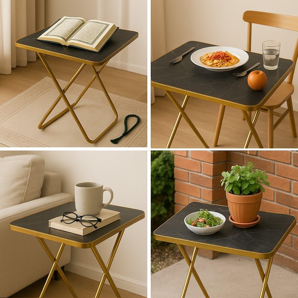 SKY-TOUCH Folding Table, Multi-Purpose Iftar Table with Black Marble-Look Wood Top Gold Metal Frame, for Prayer, Dining, Sofa Side, Outdoor & Bedroom, No Assembly, Portable & Space-Saving(60*60*90cm)
