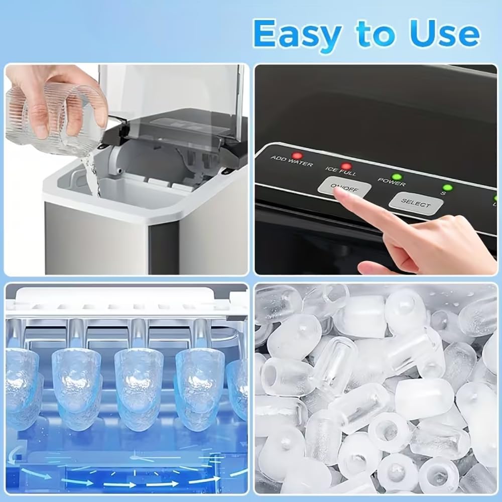 SKY-TOUCH Portable Countertop Ice Maker, Adjustable 5 Ice Sizes, 9 Ice Cubes in 6 Min, 1.3L Water Tank Storage, Self-Cleaning with Scoop & Basket for Indoor & Outdoor, 22.5x29.4x28.5cm