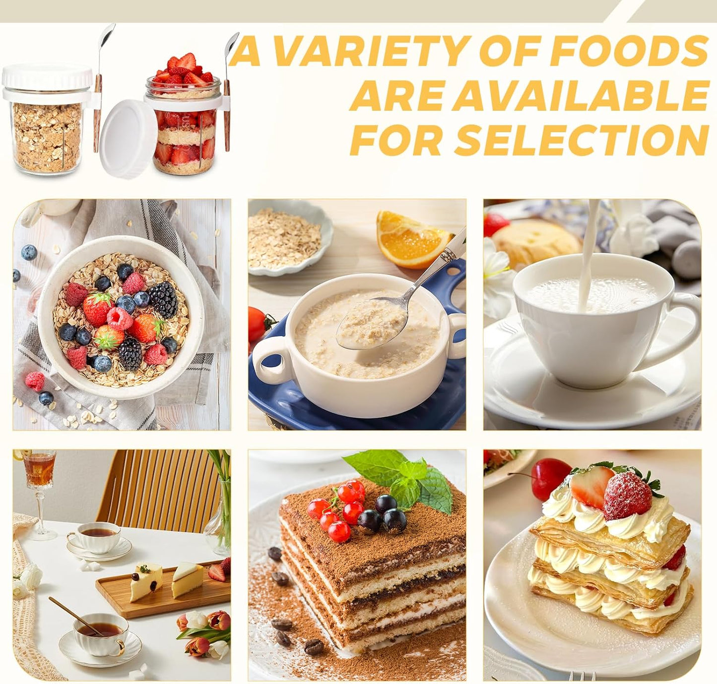 SKY-TOUCH 2 Pack Overnight Oats Jars, Overnight Oats Container with Lid and Spoon, 10 oz Cereal, Milk, Vegetable and Fruit Salad Storage Container with Measurement Marks (WHITE)