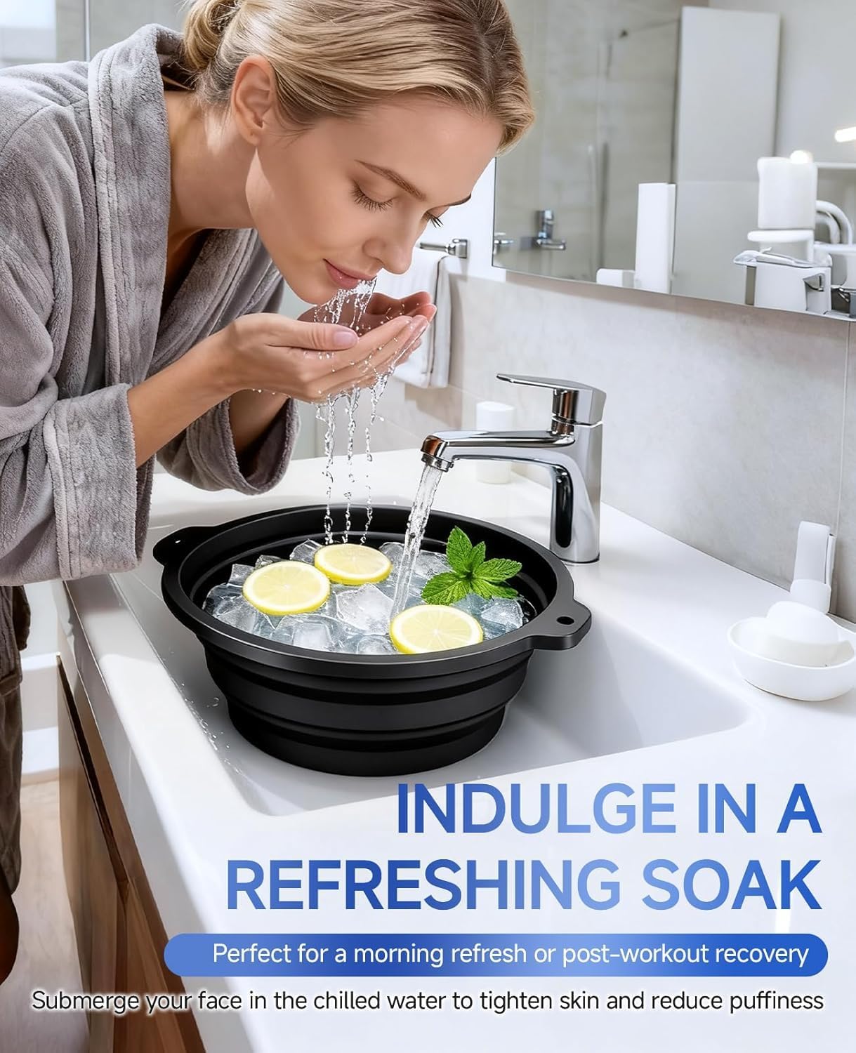 SKY-TOUCH Silicone Ice Face Bowl, Foldable Facebowl with Built-in Icetray, Quick Cooling for Puffiness Relief, Soothe Skin, Bathroom Accessories, Home Travel Use (Black) 23.5x27.5cm