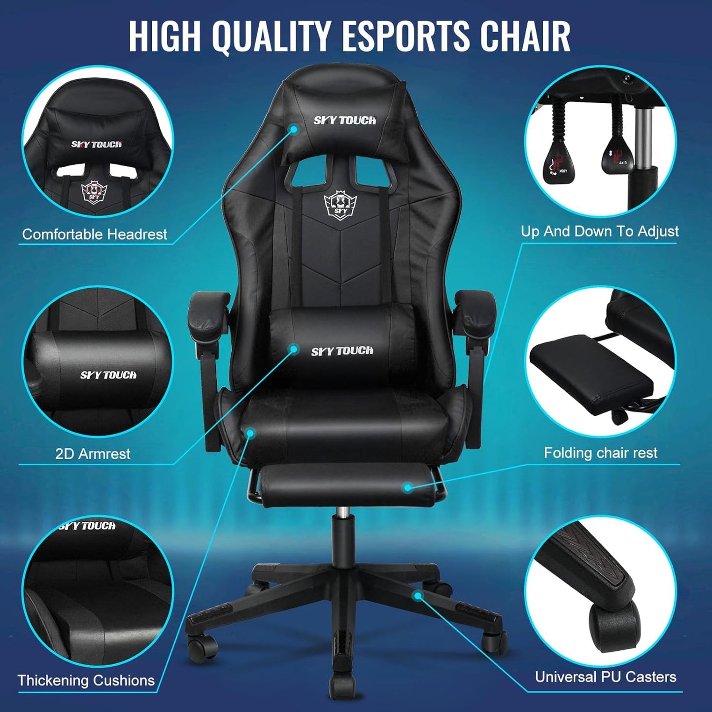 SKY-TOUCH Computer Gaming Chair,Adjustable Height Desk Chair with Rest Foot Rest,Ergonomic Leather Lumbar Cushion,with 140° Tilt, Armrests, Headrest, Swivel Wheels - User Install Manual