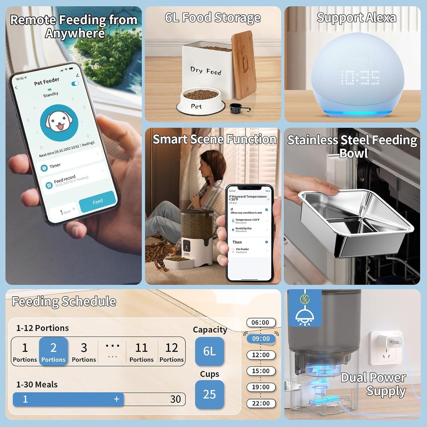 SKY-TOUCH Smart Automatic Cat Feeders: WiFi Pet Feeder with APP Control for Remote Feeding, Detachable for Easy Clean, Automatic Cat Food Dispenser with Alexa,1-30 Meals Per Day for Dog (6L/25Cup)