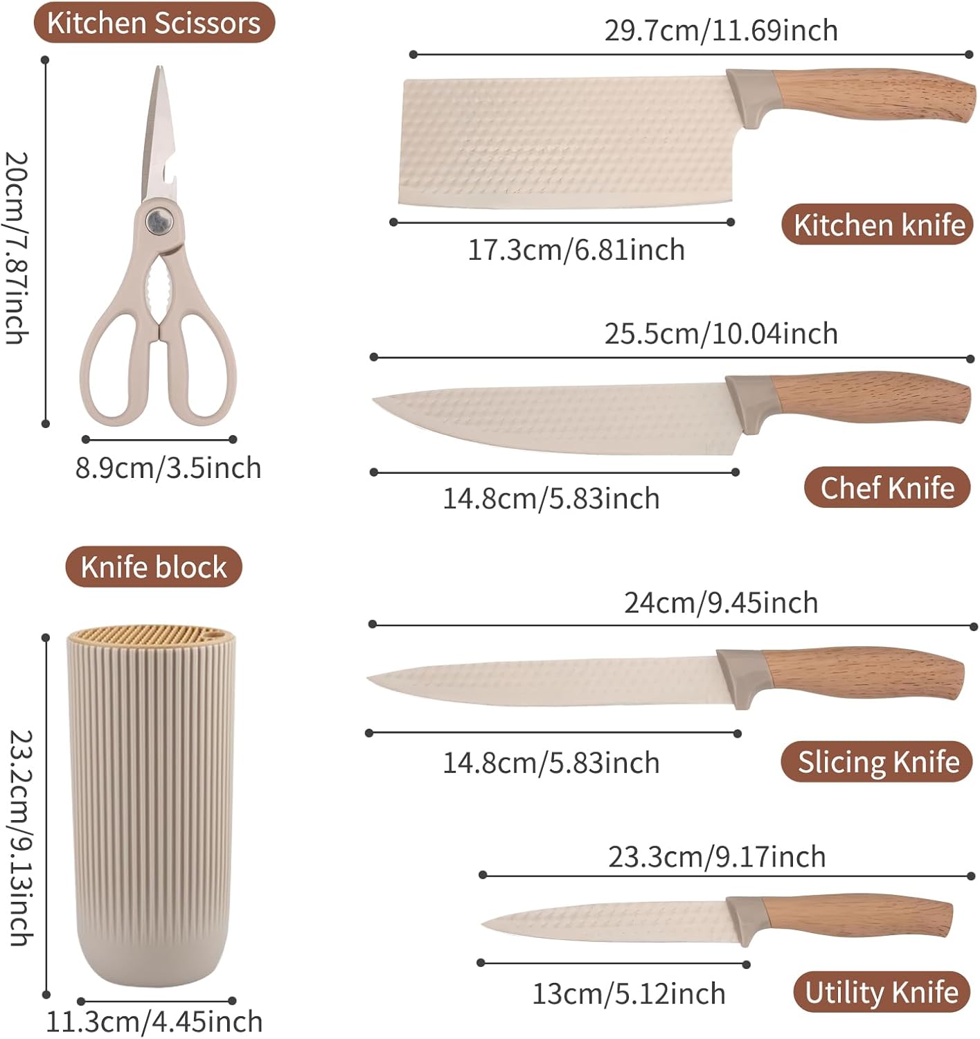 SKY-TOUCH Kitchen Knife Set,6-Piece Khaki Kitchen Knife Set with Knife Block – Non-Stick Stainless Steel Sharp Blades, Anti-Rust & Ergonomic Design for Home, Restaurant,Outdoor