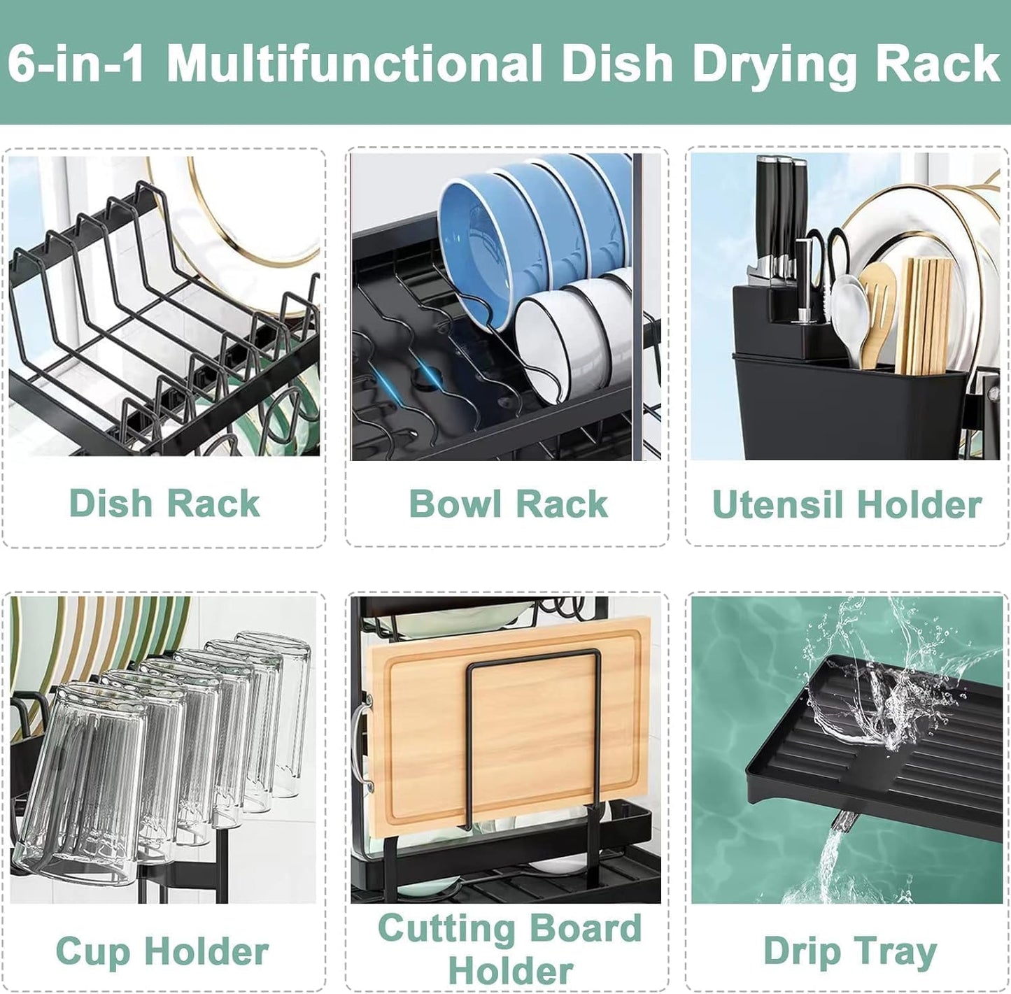 SKY-TOUCH 2-Tier Dish Drying Rack – Save Space Dish Rack with Utensil Holder, Cutting Board Holder & Drainboard Tray | Large Capacity, Rustproof Kitchen Drainer,42 * 30 * 29cm,Black