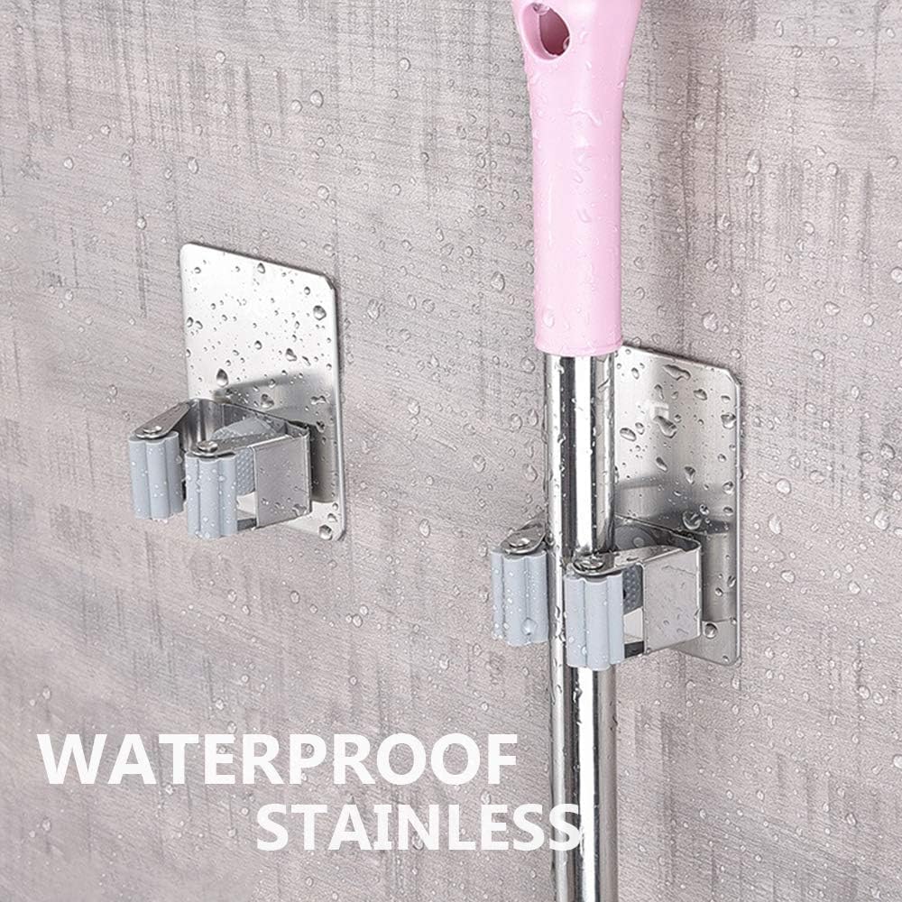 SKY-TOUCH 8 Pack Mop And Broom Holder,Wall Mount - Self Adhesive No Drilling,Anti-Slip Broom and Mop Wall Hanger Organizer,for Home, Kitchen, Garden, Garage Storage - Stainless Steel,Waterproof