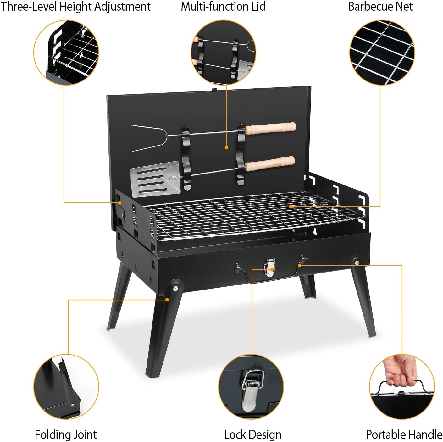 SKY-TOUCH Portable Charcoal Grill, Outdoor Foldable BBQ Grill with Barbecue Accessories & Lid for Cooking Camping Picnic Hiking Beach Party Patio Smokers, Black, 43x26x46cm