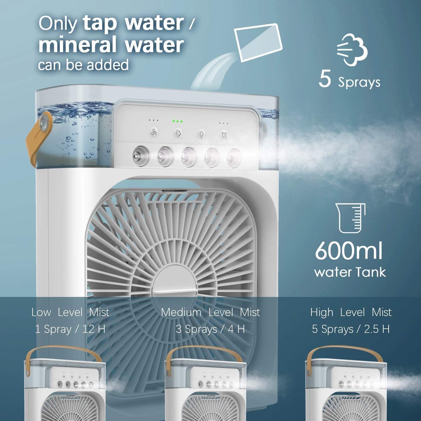 SKY-TOUCH 4 in 1 Portable Desk Fan with Cooling Mist,with 90° Oscillation,with Timer 1-3H, 3 Wind Speeds, 5 Spray Modes, 7 Colour Night Light for Home, Office, Bedroom, Black- 600ml Water Tank