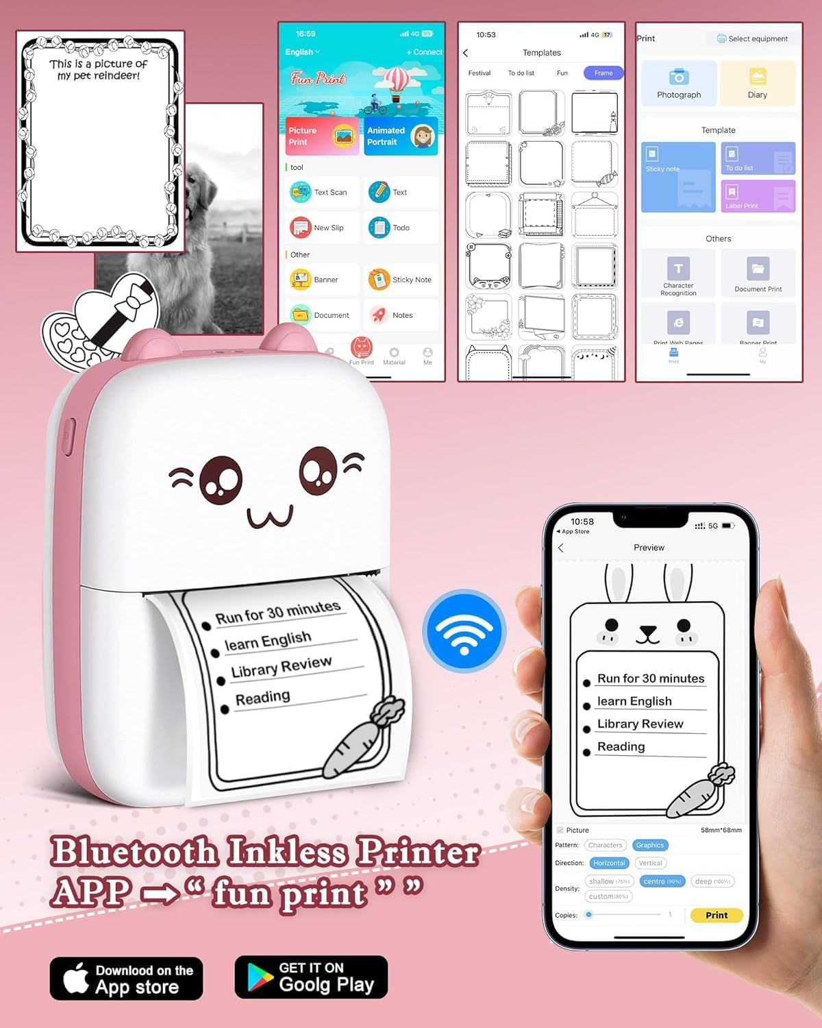SKY-TOUCH Mini Thermal Printer,Bluetooth Labler Maker,Portable Sticker Printer for Printing Photos, Sticky Notes, Lists (Includes 13 Rolls of Thermal Paper&5 color pens),Install "Fun Print" APP,Pink