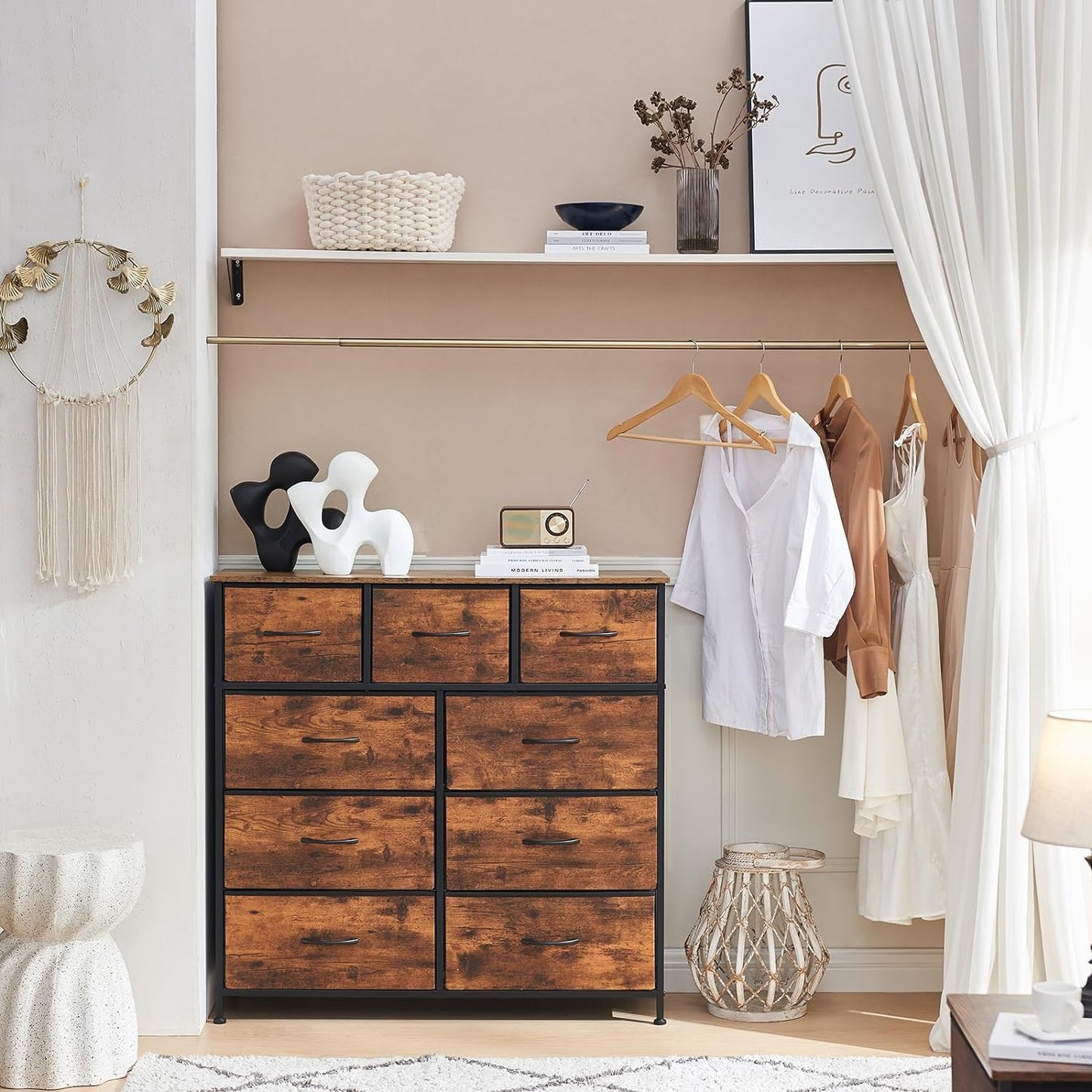 SKY-TOUCH Storage Cabinet : Bedroom Dresser with 9 Drawers Wide Storage Chest with Removable Fabric Bins Storage Organizer Unit for Living Room Entryway Hallway Nursery Kids Room (100*30*96CM Black/White)
