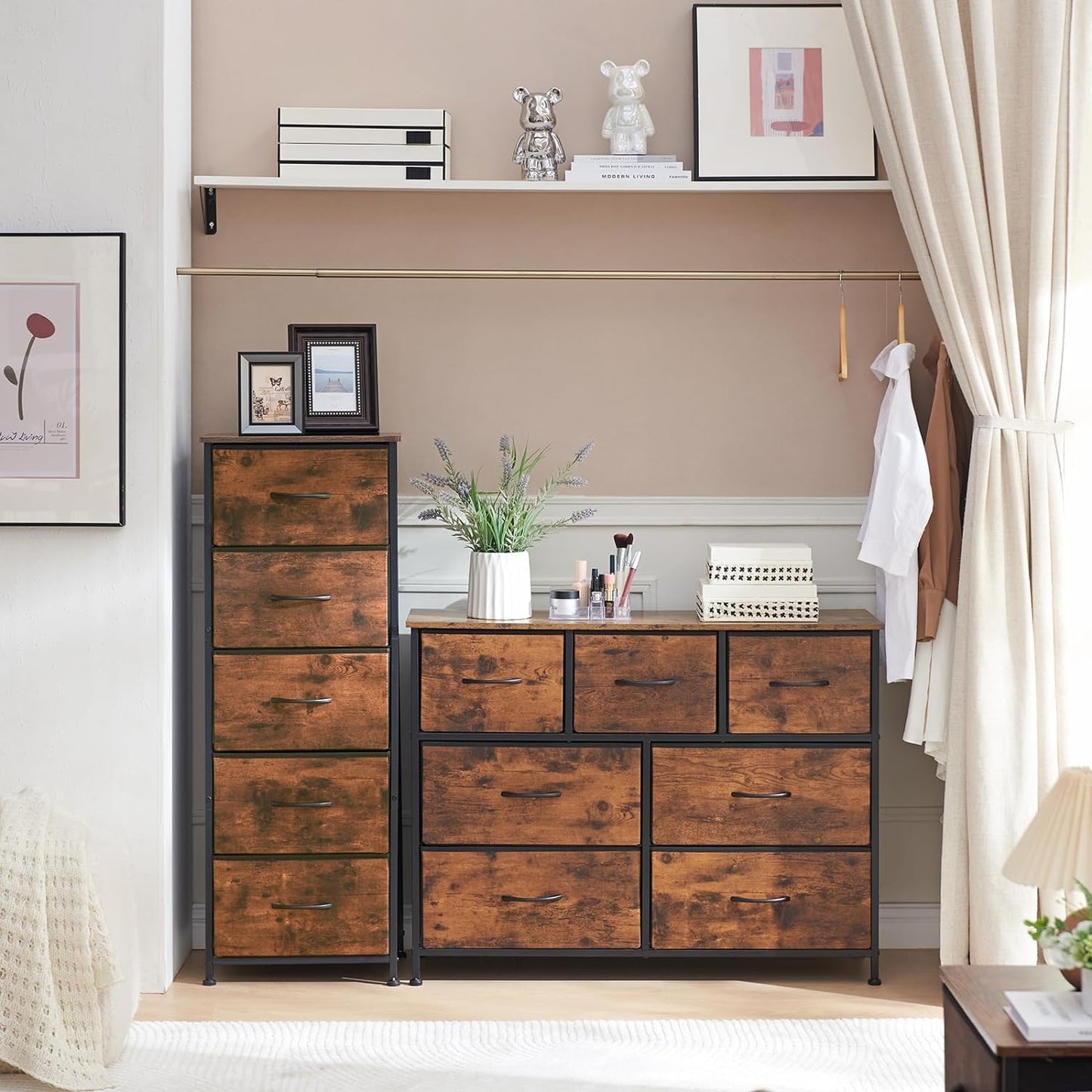 SKY-TOUCH Storage Cabinet : Bedroom Dresser with 7 Drawers Wide Storage Chest with Removable Fabric Bins Storage Organizer Unit for Living Room Entryway Hallway Nursery Kids Room (100*30*74CM Black/Brown)