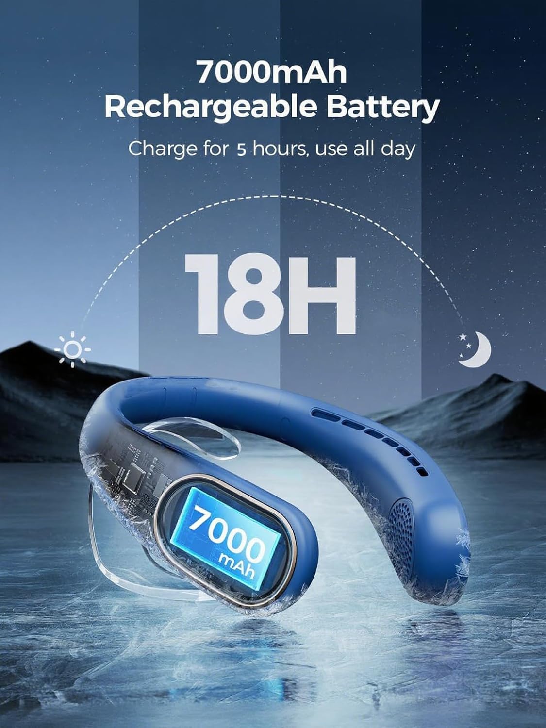 SKY-TOUCH Portable Neck Fan, Bladeless Personal Fan,7000mAh Battery, 720° Cooling Wearable Quiet Fan, Hands Free USB Rechargeable 5 Speeds, Strong Airflow, Safe Design, for Travel, Outdoors, Hiking
