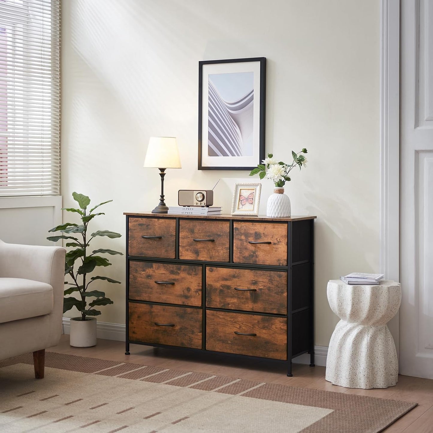 SKY-TOUCH Storage Cabinet : Bedroom Dresser with 7 Drawers Wide Storage Chest with Removable Fabric Bins Storage Organizer Unit for Living Room Entryway Hallway Nursery Kids Room (100*30*74CM Black/Brown)