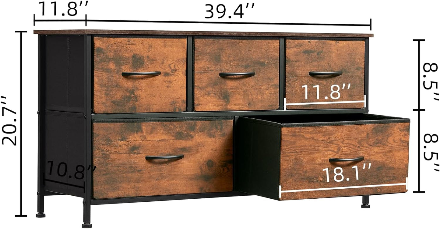 SKY-TOUCH Storage Cabinet : Bedroom Dresser with 5 Drawers Wide Storage Chest with Removable Fabric Bins Storage Organizer Unit for Living Room Entryway Hallway Nursery Kids Room (100*30*52CM Black/Brown/white)