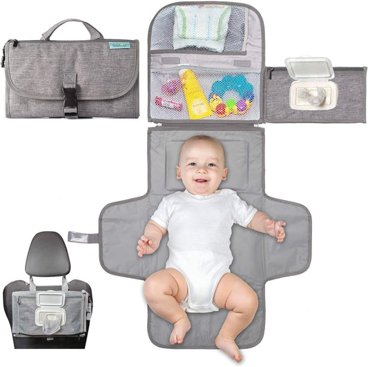 SKY-TOUCH Baby Portable Diaper Changing Mat,Waterproof Travel Change Mat,with Wipes Pocket, Smart Design Portable Changing Mat, Infant Travel Station Kit, Gift for Newborn Girl & Boy - Grey