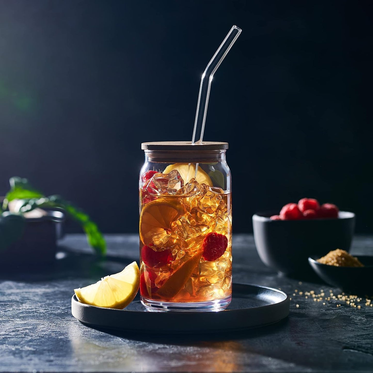 SKY-TOUCH 2 Pcs 550ml Glass Cups with Bamboo Lids and Straws, Clear Iced Coffee Glasses Set, Cute Aesthetic Reusable Drinking Tumblers for Tea, Coffee, Smoothie, Soda