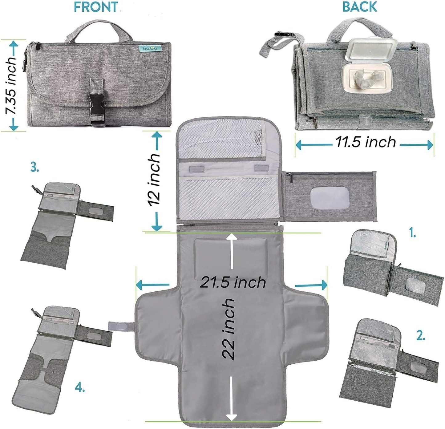 SKY-TOUCH Baby Portable Diaper Changing Mat,Waterproof Travel Change Mat,with Wipes Pocket, Smart Design Portable Changing Mat, Infant Travel Station Kit, Gift for Newborn Girl & Boy - Grey