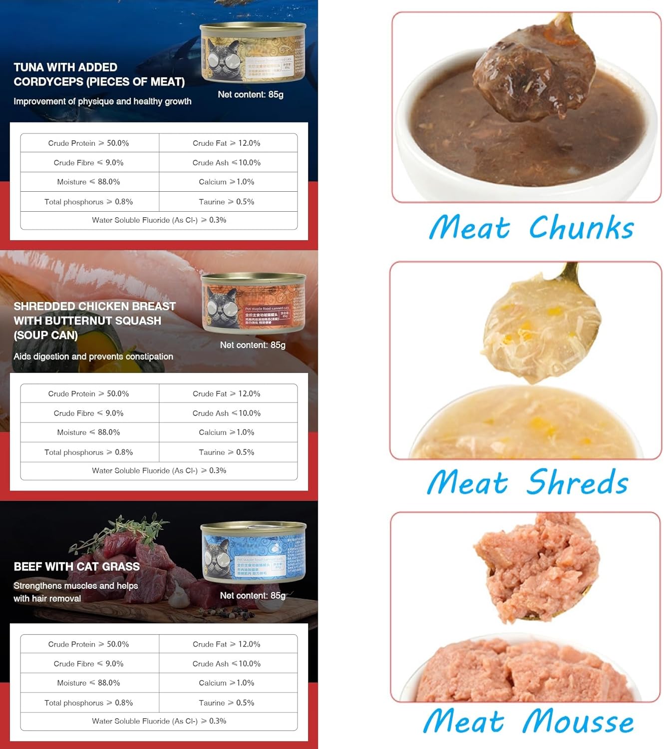SKY-TOUCH Complete Wet Cat Food Variety Pack, Cat Canned Food, Chicken, Beef & Tuna, 85g Cans (Pack of 9), 0 Glue, 0 Lure, 0 Preservative, Natural & Balanced Nutrition