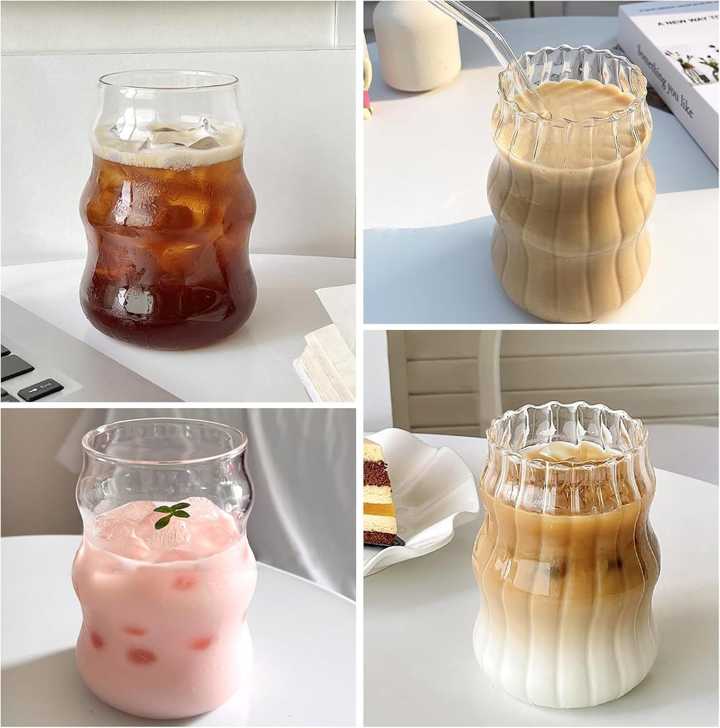 SKY-TOUCH 2 Pcs Ribbed Glass Cups 530ml, Aesthetic Ripple Drinking Glassware for Iced Coffee, Juice, Milk, Tea, Smoothies, Cold Beverages, Vintage Bubble Tumbler Set