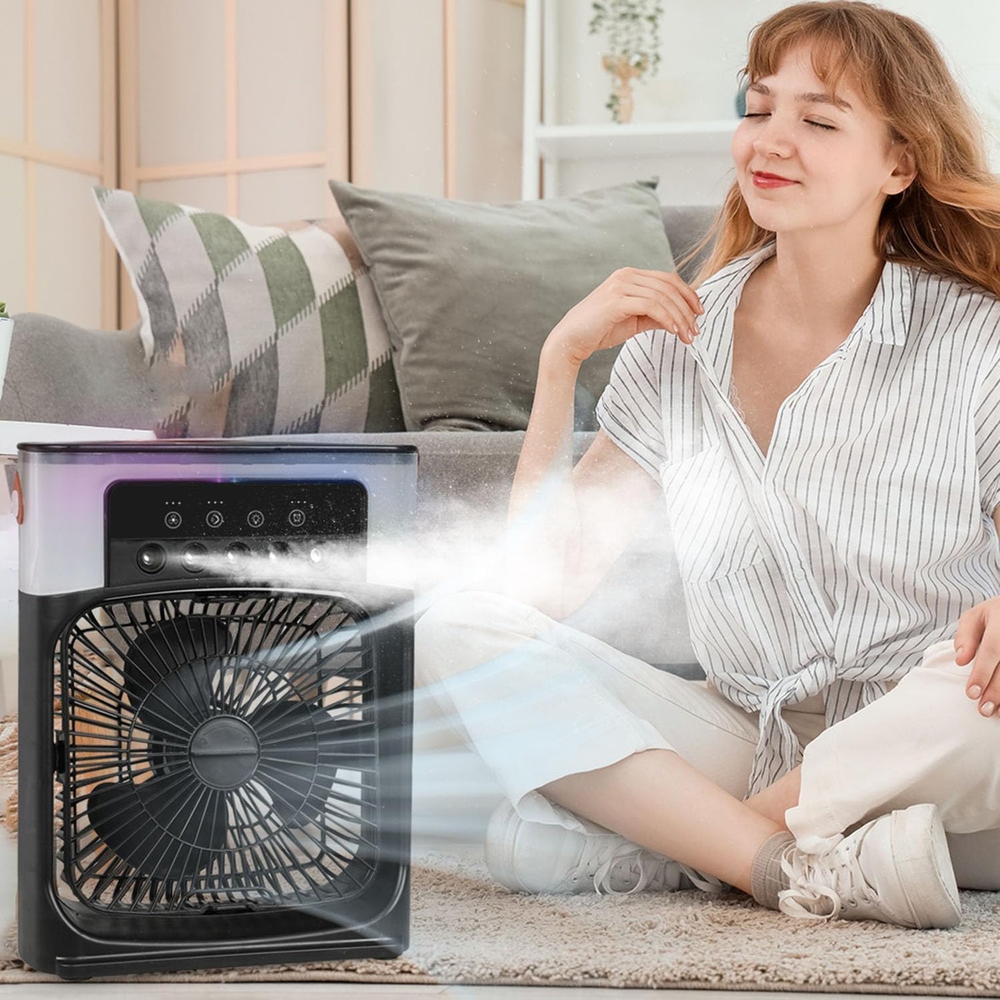 SKY-TOUCH 4 in 1 Portable Desk Fan with Cooling Mist,with 90° Oscillation,with Timer 1-3H, 3 Wind Speeds, 5 Spray Modes, 7 Colour Night Light for Home, Office, Bedroom, Black- 600ml Water Tank