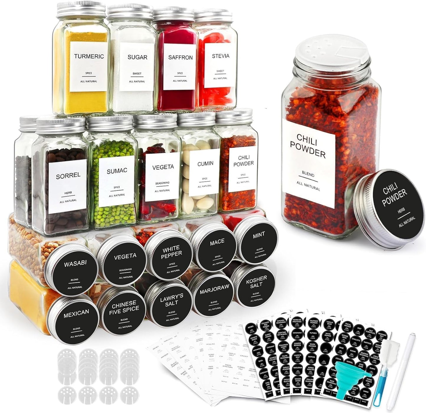 SKY-TOUCH 24 pack Glass Spice Jars with Shaker Lids,Seal Seasoning Jars with Labels for Kitchen,Spice,Cabinet, Drawer,120ml Glass,with Collapsible Funnel and Mark pen