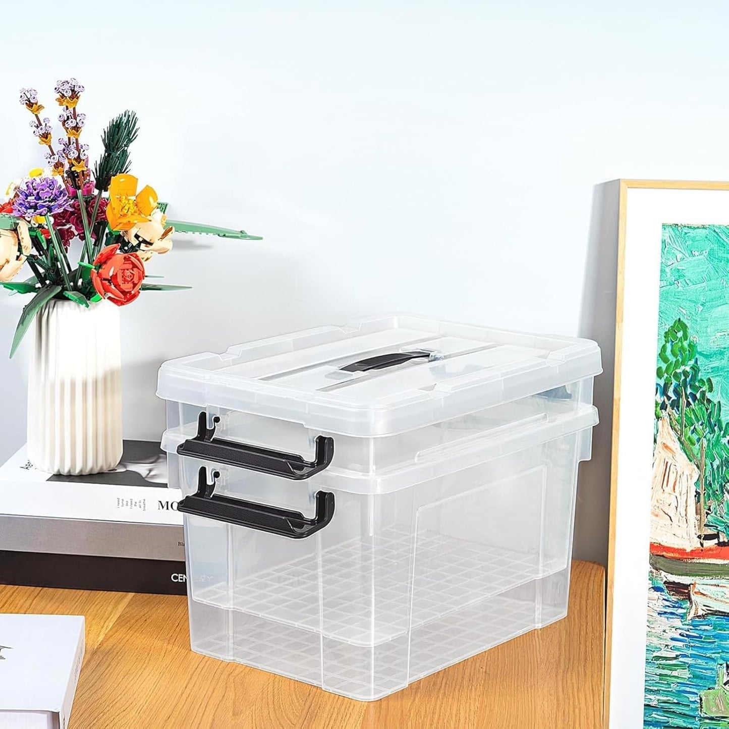 SKY-TOUCH Clear Plastic Storage Box with Lockable Lid & Wheels,Plastic Organizer Bin with Handles,for Storing Clothes, Toys, Tools
