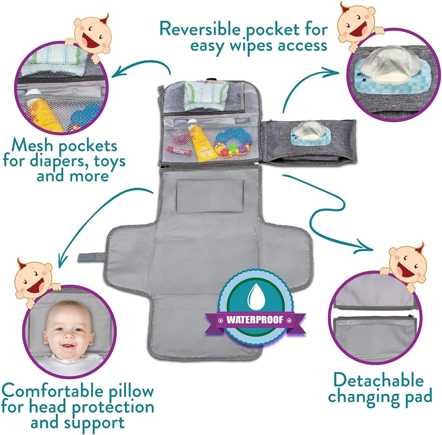 SKY-TOUCH Baby Portable Diaper Changing Mat,Waterproof Travel Change Mat,with Wipes Pocket, Smart Design Portable Changing Mat, Infant Travel Station Kit, Gift for Newborn Girl & Boy - Grey