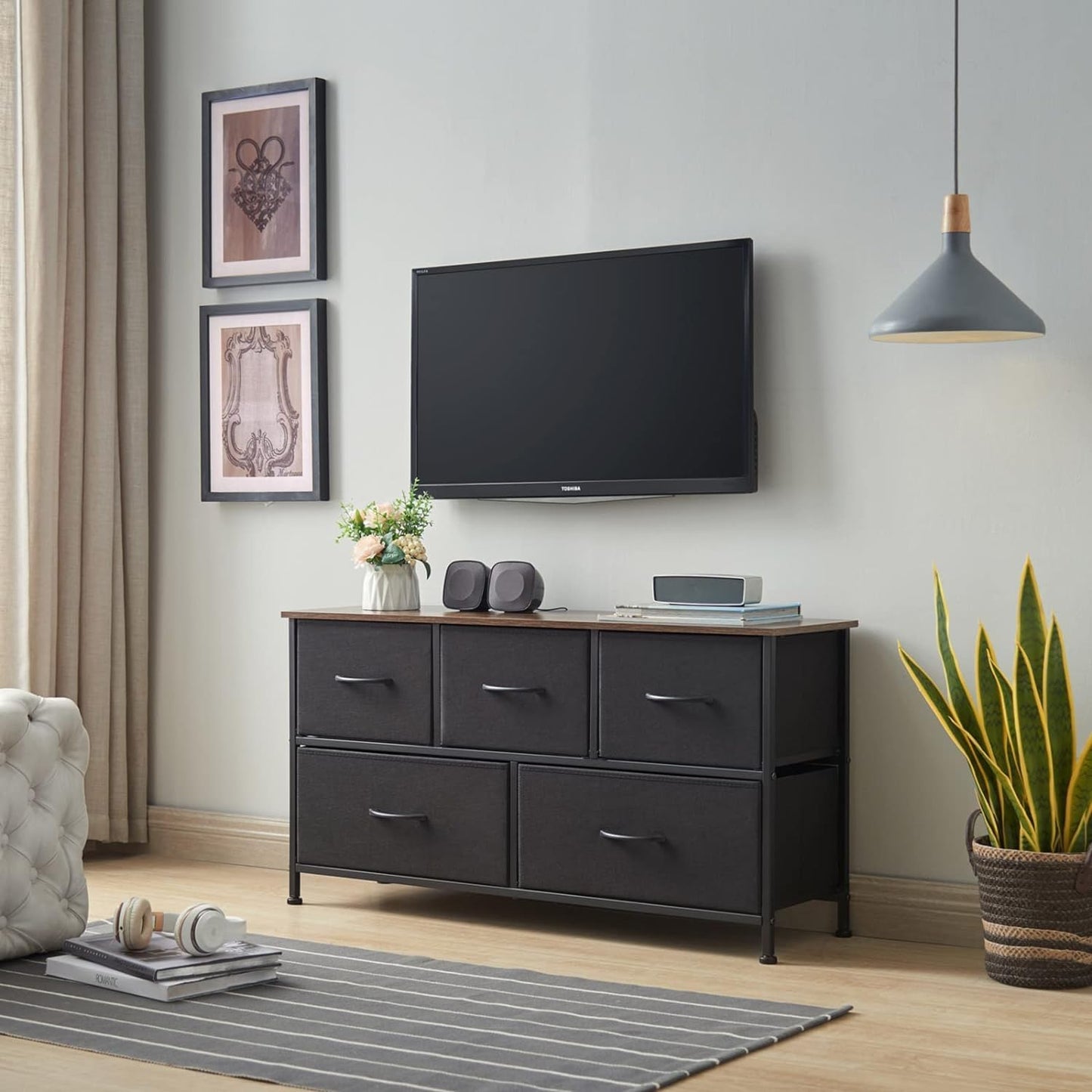 SKY-TOUCH Storage Cabinet : Bedroom Dresser with 5 Drawers Wide Storage Chest with Removable Fabric Bins Storage Organizer Unit for Living Room Entryway Hallway Nursery Kids Room (100*30*52CM Black/Brown/white)