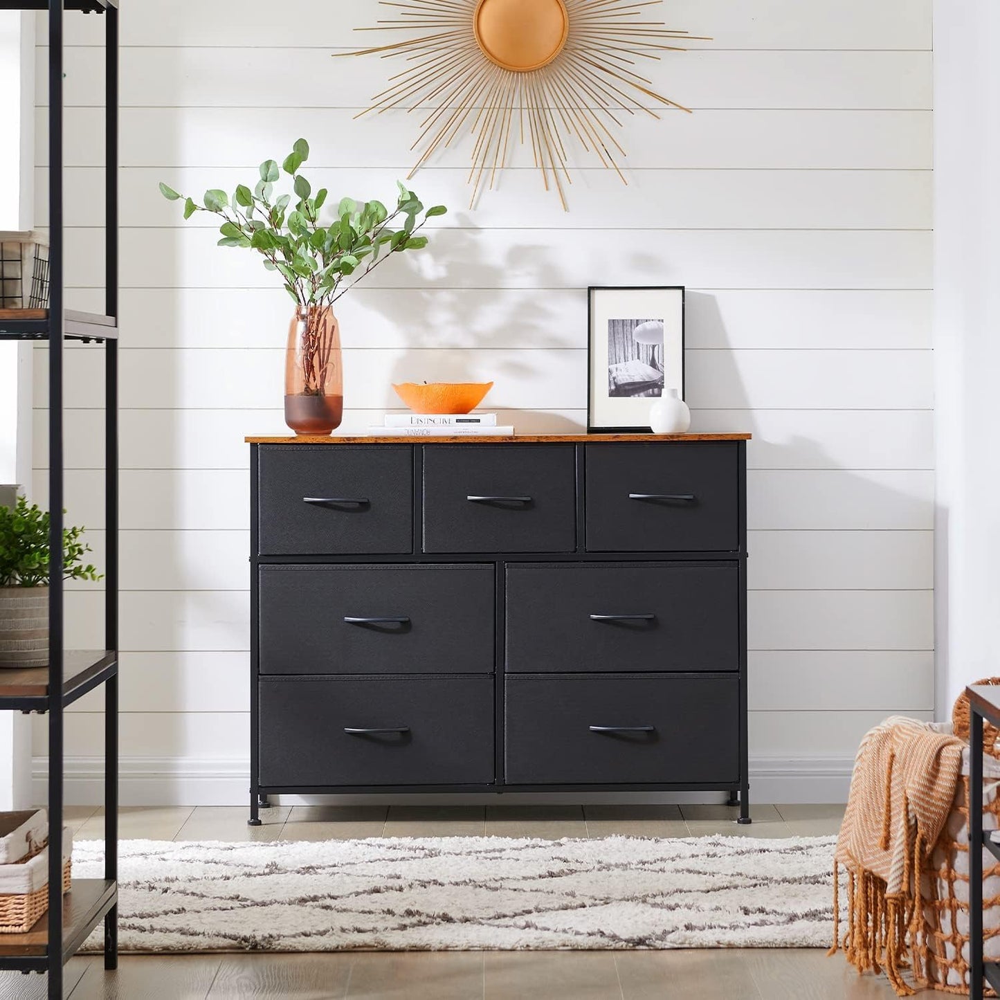 SKY-TOUCH Storage Cabinet : Bedroom Dresser with 7 Drawers Wide Storage Chest with Removable Fabric Bins Storage Organizer Unit for Living Room Entryway Hallway Nursery Kids Room (100*30*74CM Black/Brown)