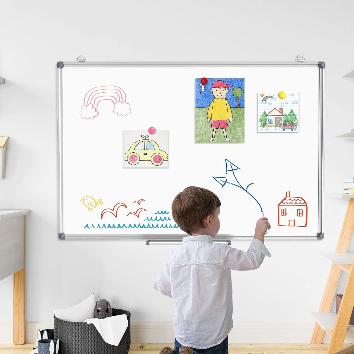 سبورة بيضاء مغناطيسية SKY-TOUCH مقاس 90 × 120 سم، لوحة بيضاء مثبتة على الحائط مع صينية قلم، لوحات بيضاء قابلة للمسح الجاف قابلة للتركيب للمنزل والمكتب ولوحة إشعارات المدرسة