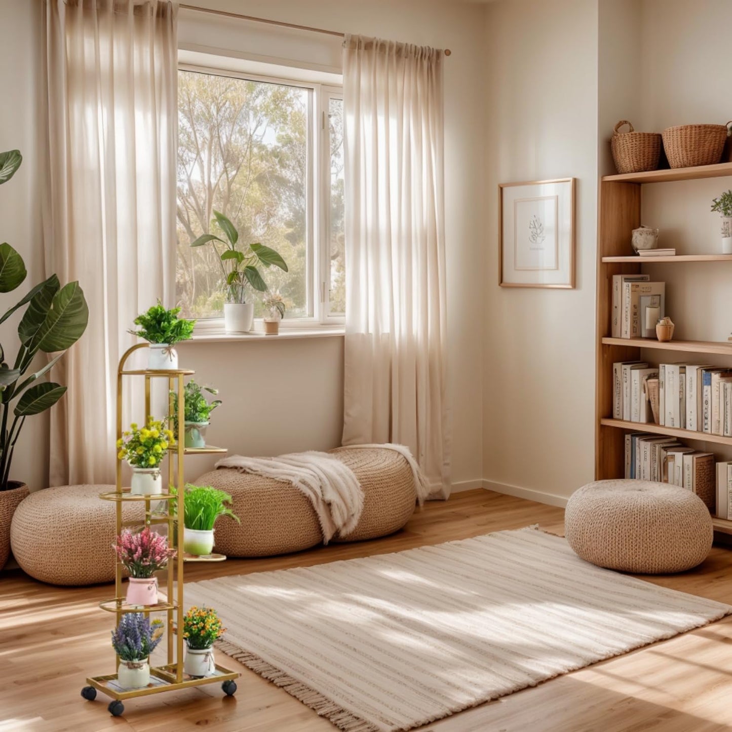 SKY-TOUCH 6-Tier Metal Plant Stand with Movable wheels – Tall 118cm Flower Shelf, Indoor/Outdoor Plant Organizer & Display Rack for Garden, Patio, or Living Room, Golden,47*118cm