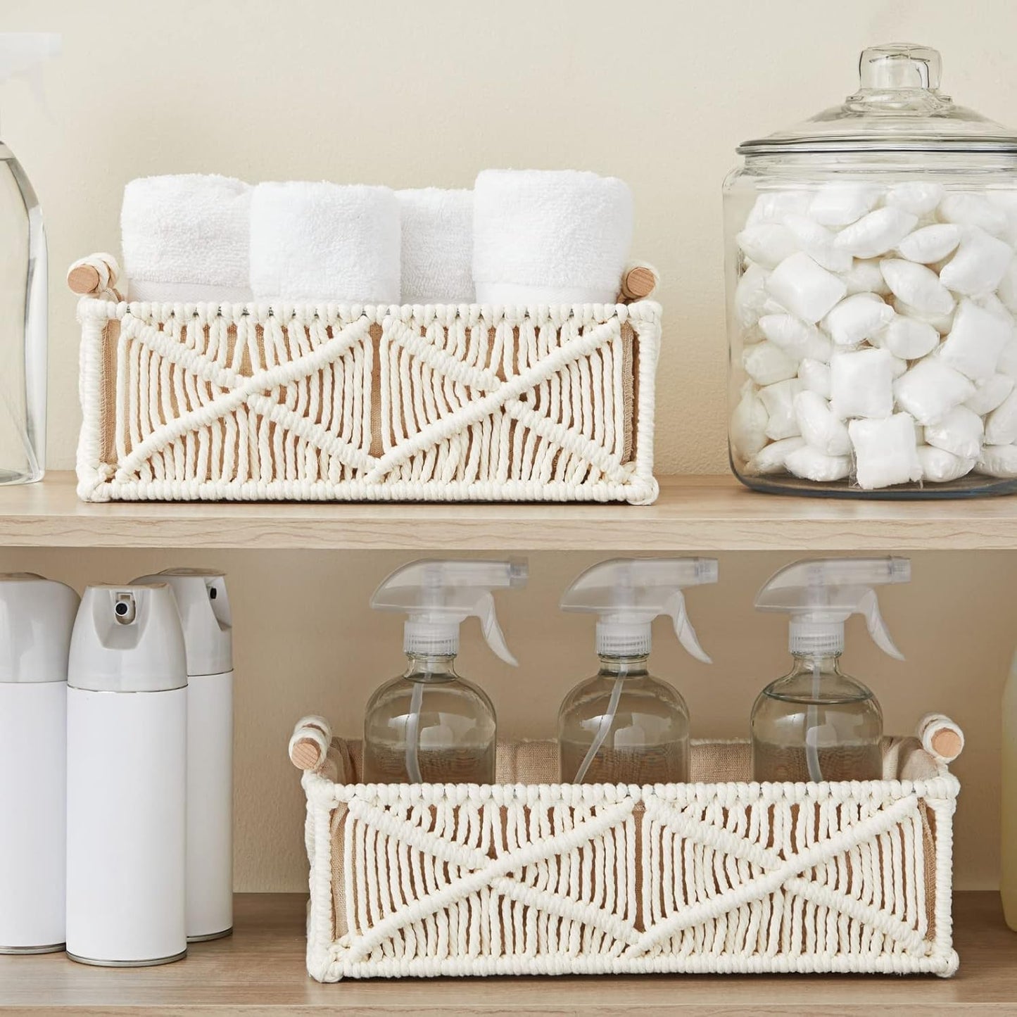 SKY-TOUCH Handwoven Macrame Storage Baskets,Woven Toilet Paper Basket with Handle for Bathroom Countertop, Storage Shelf for Bedroom, Living Room, Home (Ivory)