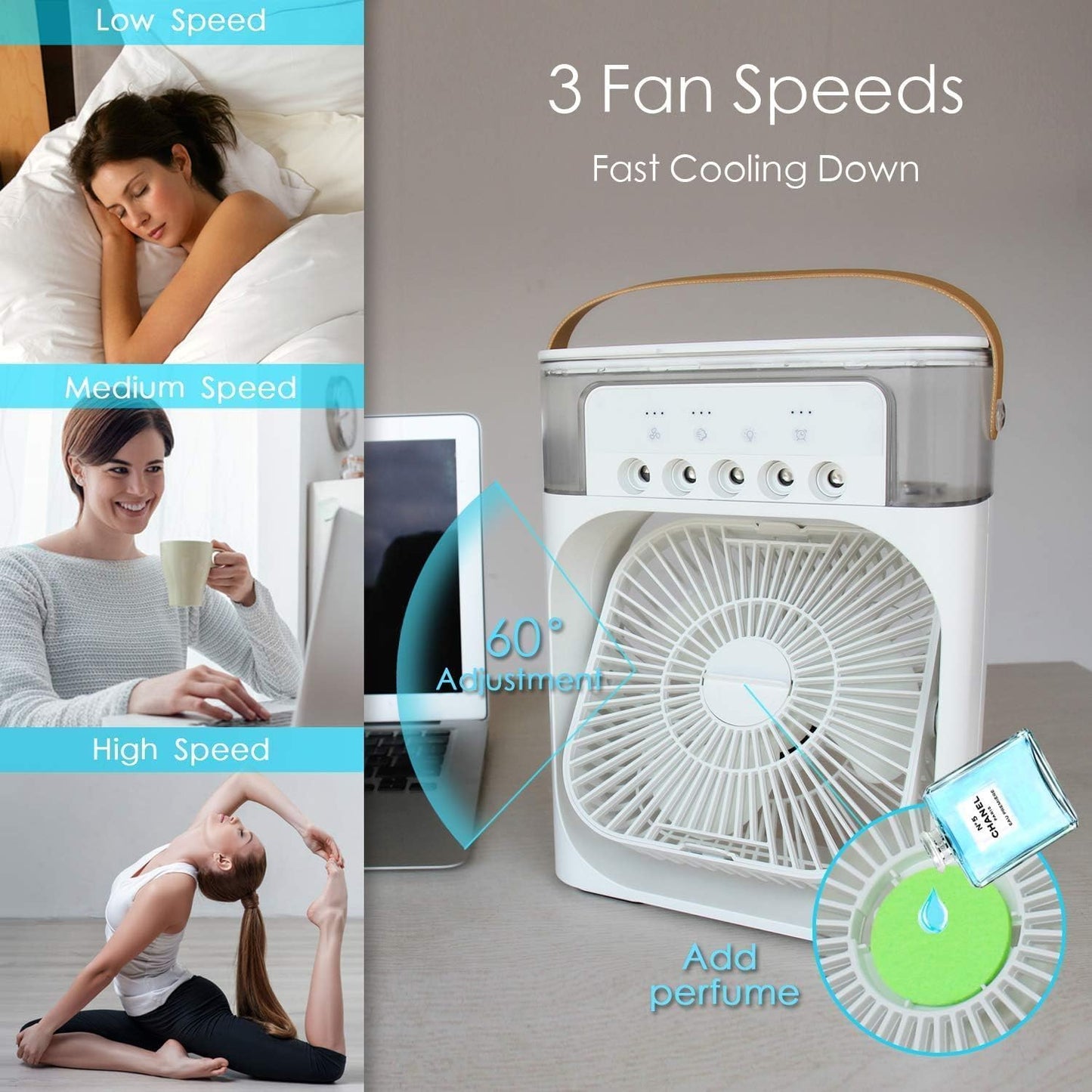 SKY-TOUCH 4 in 1 Portable Desk Fan with Cooling Mist,with 90° Oscillation,with Timer 1-3H, 3 Wind Speeds, 5 Spray Modes, 7 Colour Night Light for Home, Office, Bedroom, Black- 600ml Water Tank