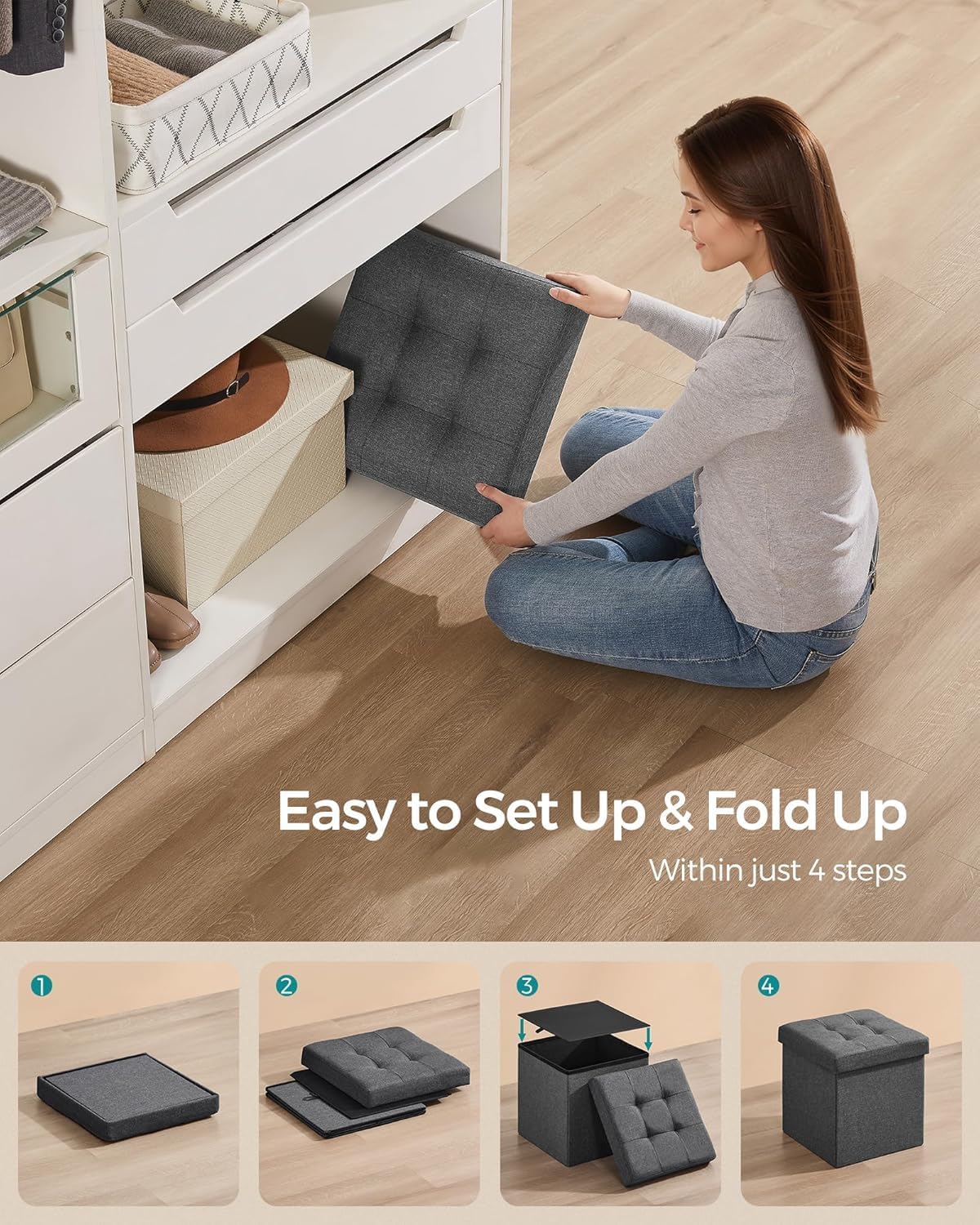 SKY-TOUCH Ottoman Seat,Fabric Folding Storage Footstool Storage Box,(Capacity 150KG) Padded Seat for Bedroom, Hallway, Living Room,Light Grey,38 * 38 * 38cm