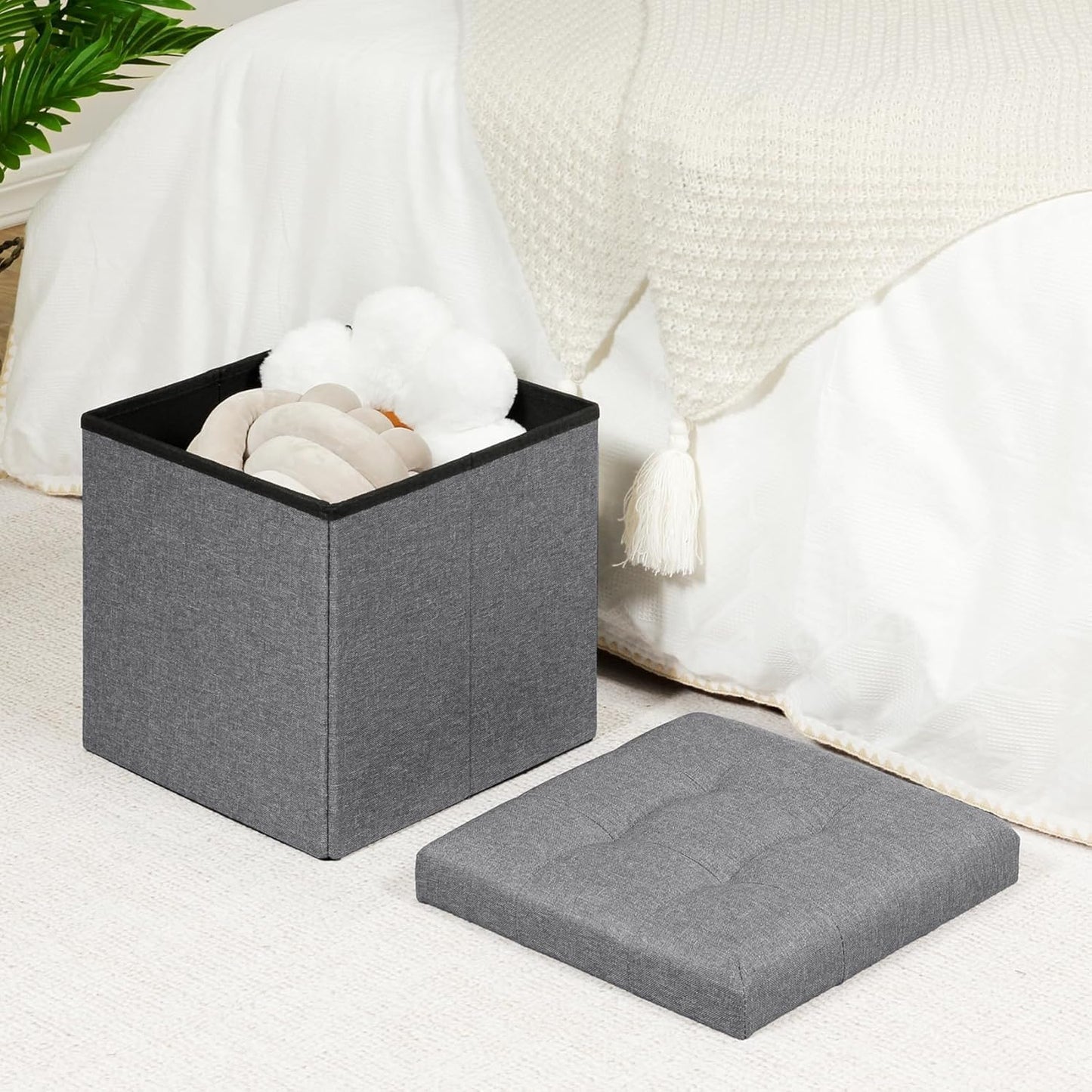 SKY-TOUCH Ottoman Seat,Fabric Folding Storage Footstool Storage Box,(Capacity 150KG) Padded Seat for Bedroom, Hallway, Living Room,Light Grey,38 * 38 * 38cm