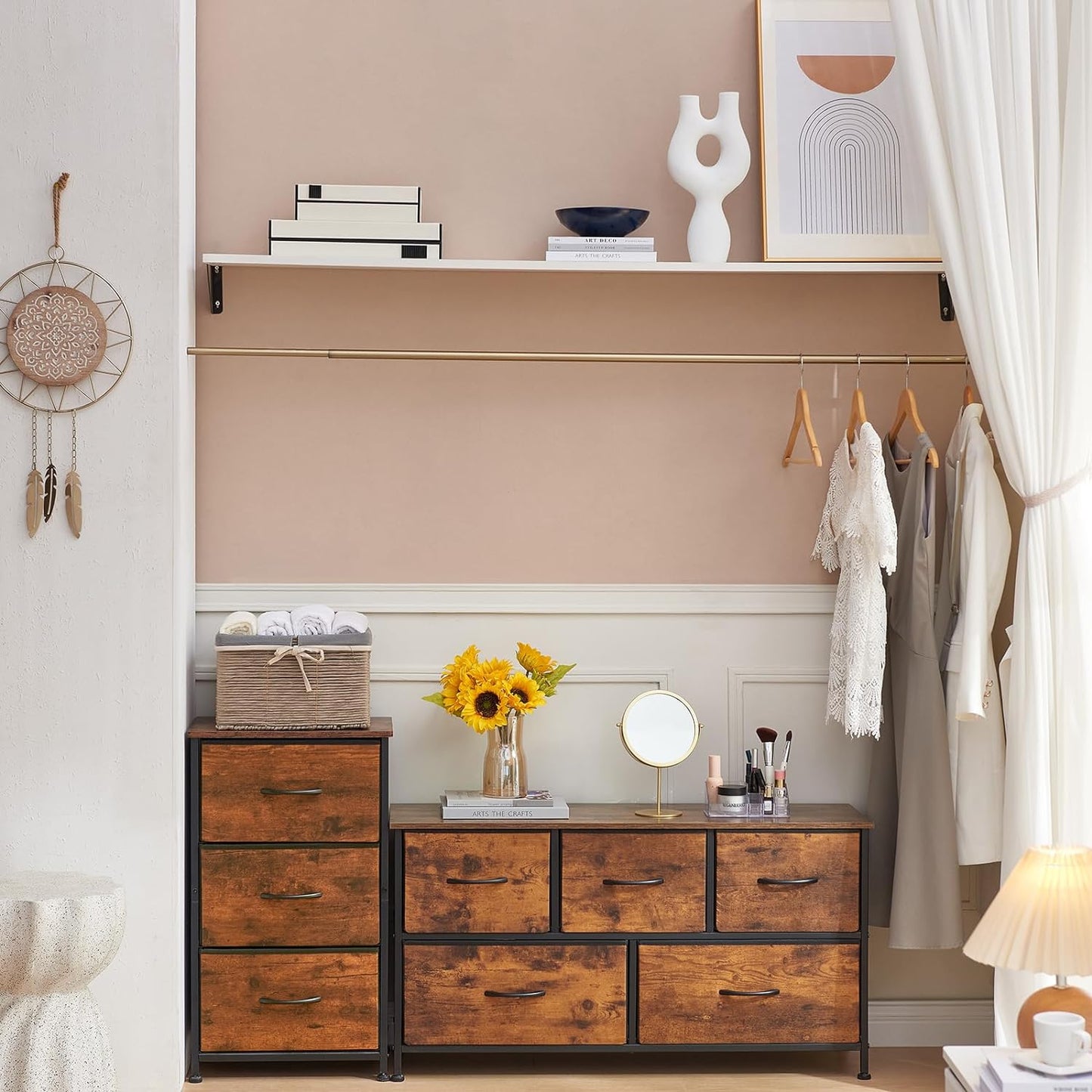 SKY-TOUCH Storage Cabinet : Bedroom Dresser with 5 Drawers Wide Storage Chest with Removable Fabric Bins Storage Organizer Unit for Living Room Entryway Hallway Nursery Kids Room (100*30*52CM Black/Brown/white)