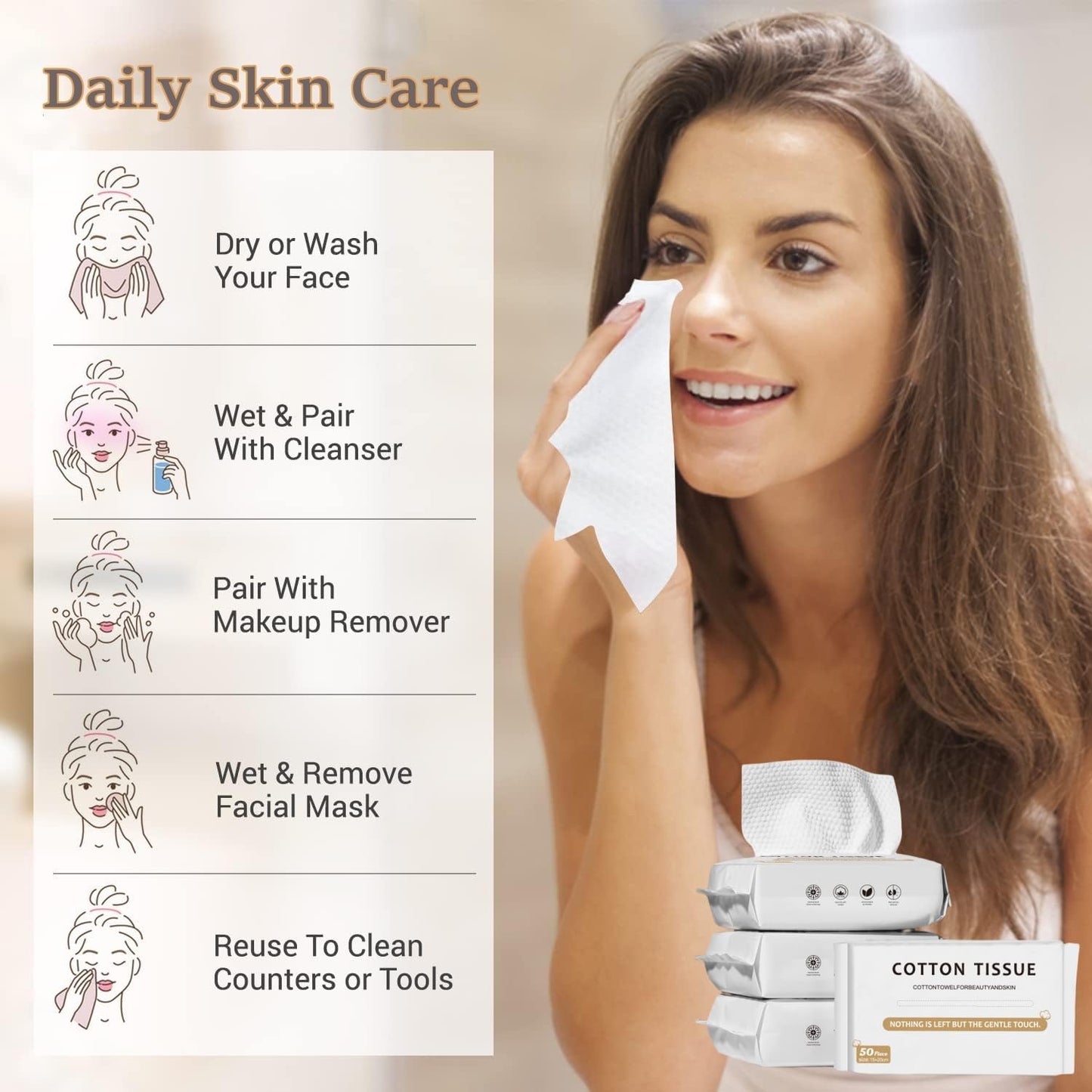 SKY-TOUCH Disposable Face Towels Cotton, Women Soft Clean Cloths for Washing, Face Towelette Lint Free for Cleansing, Skincare and Makeup Remover, Dry Wipes, (1 Pack/50 count)