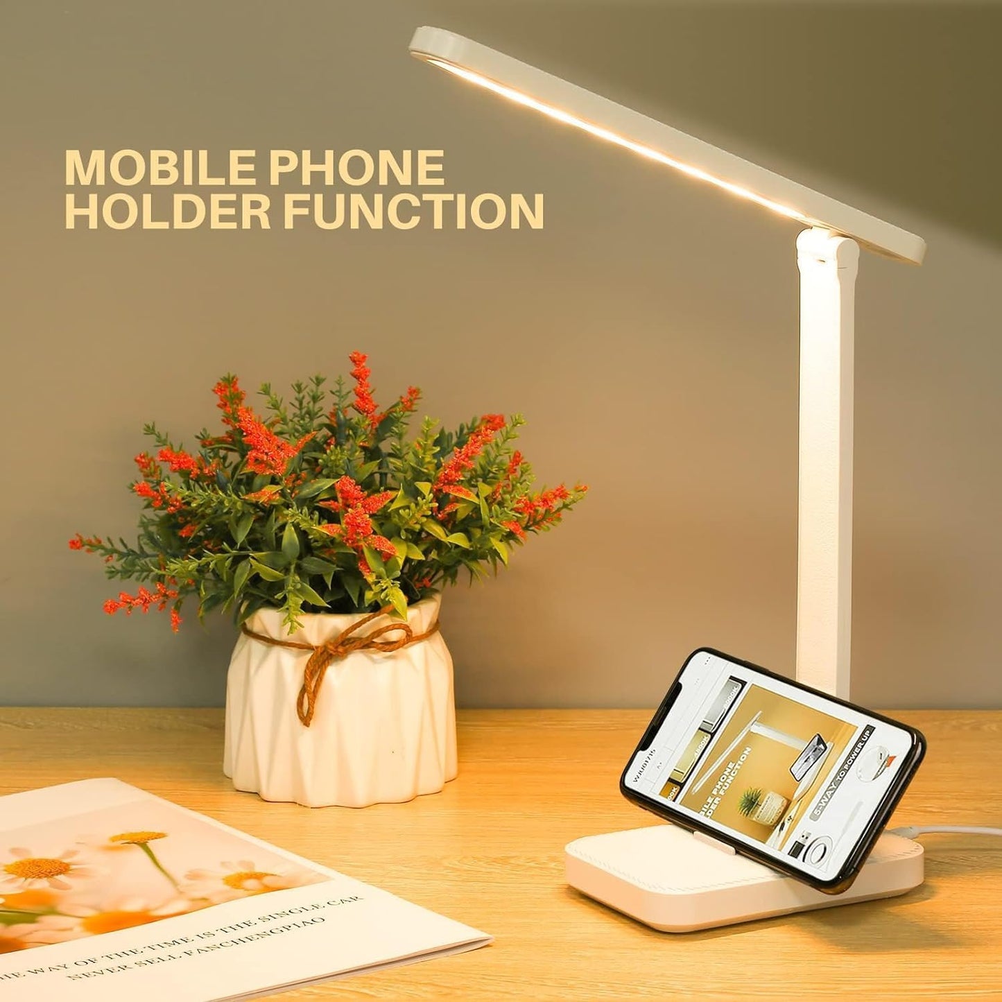 مصباح مكتب LED SKY-TOUCH - مصباح قراءة مع تحكم باللمس، العمل من أساسيات المنزل، مصباح طاولة قابل للطي مع قابس USB 3 أوضاع إضاءة، ضوء قراءة للعناية بالعين للمكتب والمسكن (أبيض)