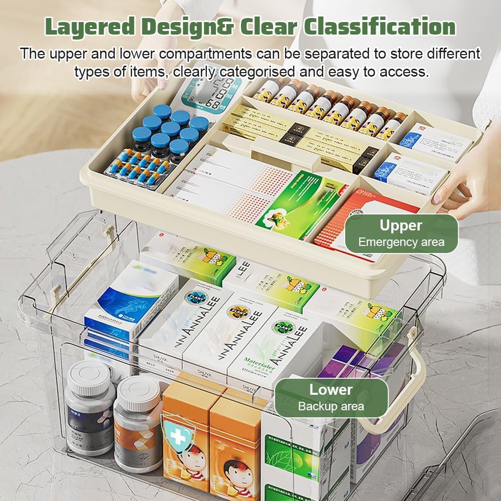SKY-TOUCH Family Medicine Storage Box : Clear Plastic Storage Box with Tray Tool Organizer with Handle Multipurpose Storage Box for Medicine Toys Tools Office Supplies (37 * 26 * 20cm Beige)