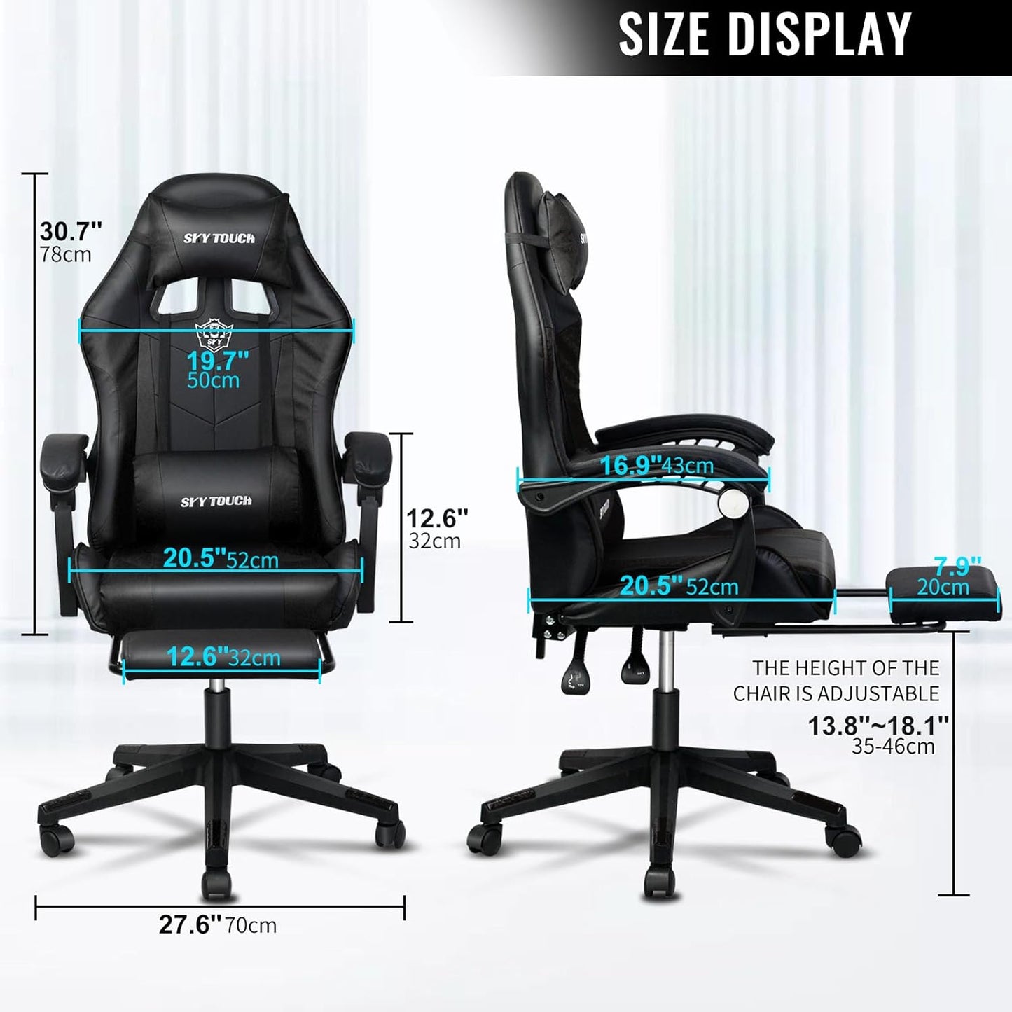 SKY-TOUCH Computer Gaming Chair,Adjustable Height Desk Chair with Rest Foot Rest,Ergonomic Leather Lumbar Cushion,with 140° Tilt, Armrests, Headrest, Swivel Wheels - User Install Manual