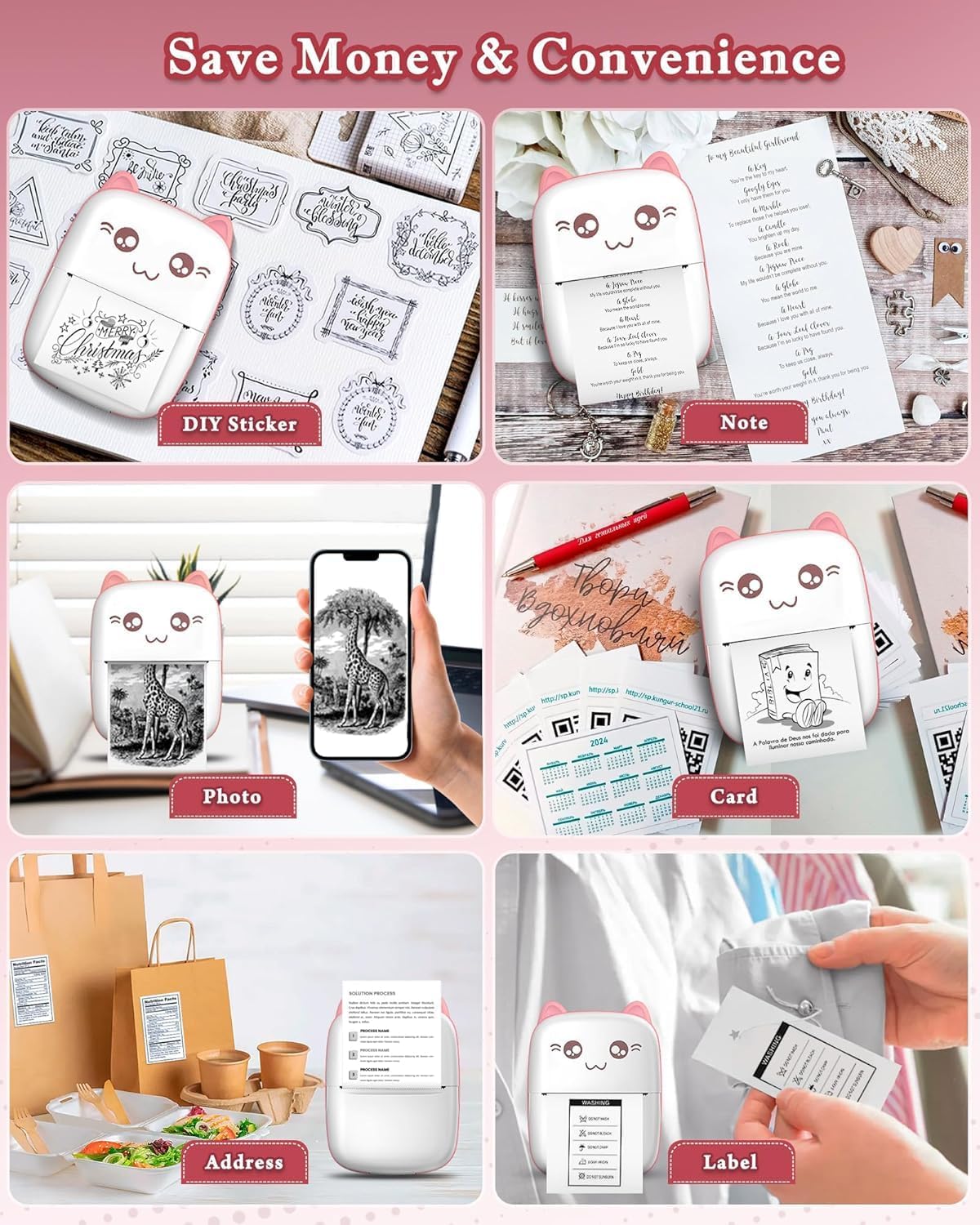 SKY-TOUCH Mini Thermal Printer,Bluetooth Labler Maker,Portable Sticker Printer for Printing Photos, Sticky Notes, Lists (Includes 13 Rolls of Thermal Paper&5 color pens),Install "Fun Print" APP,Pink