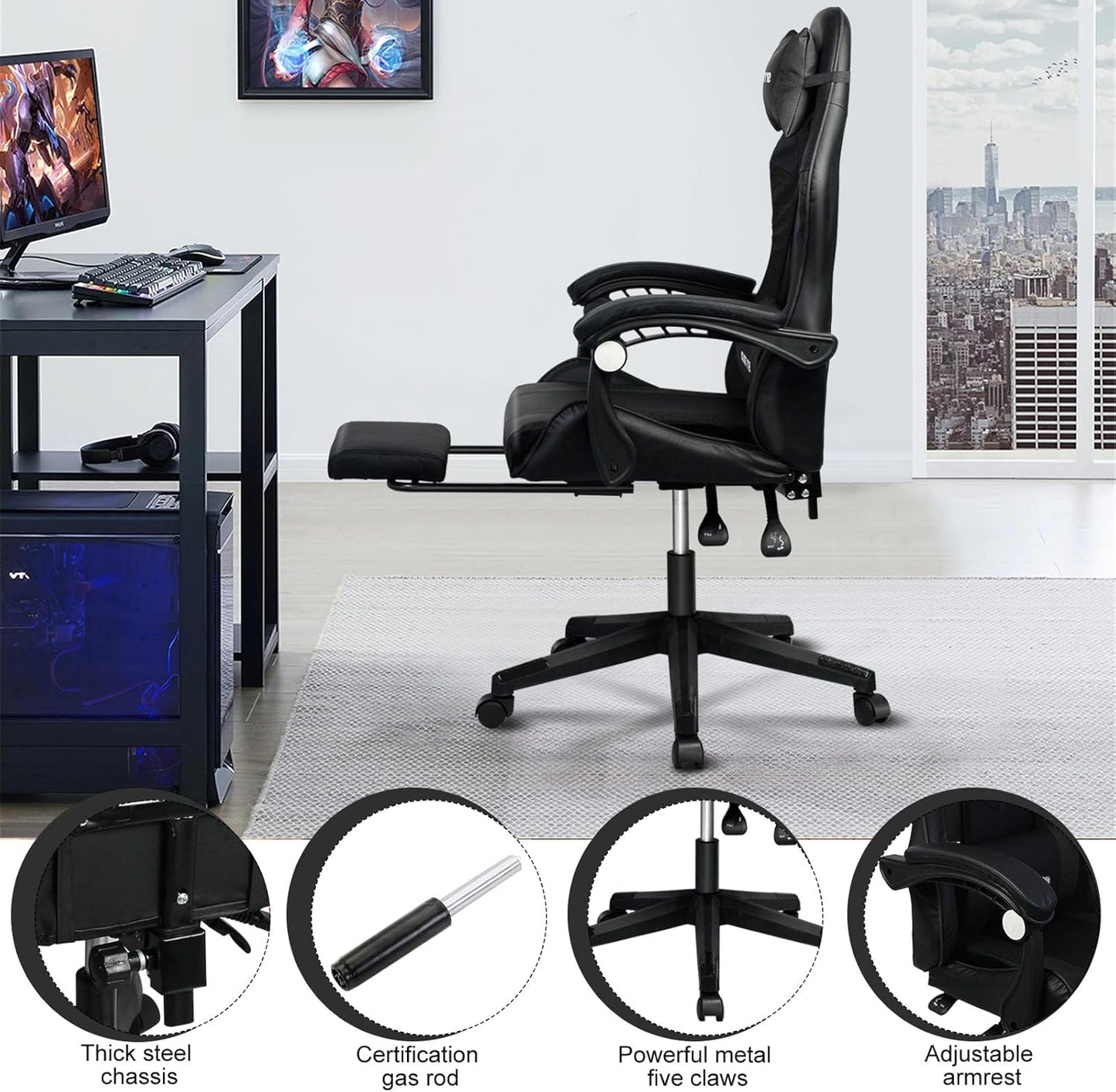 SKY-TOUCH Computer Gaming Chair,Adjustable Height Desk Chair with Rest Foot Rest,Ergonomic Leather Lumbar Cushion,with 140° Tilt, Armrests, Headrest, Swivel Wheels - User Install Manual