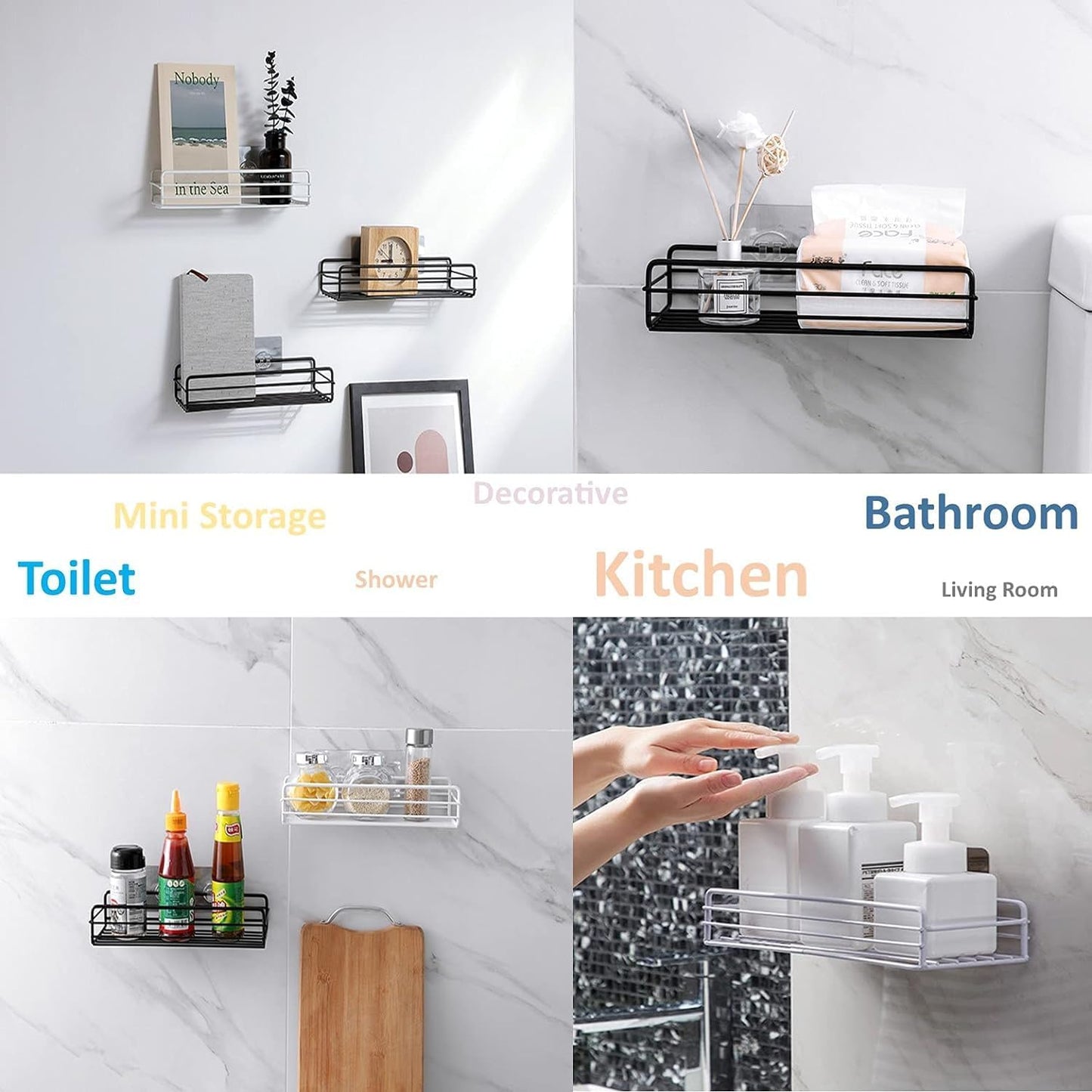 SKY-TOUCH قطعتان من رف الدش، أرفف حائط الحمام، حامل الدش، رف الدش، علب الحمام، رف الحمام بدون حفر، تخزين الدش، حامل حمام مثبت على الحائط، أرفف ذاتية اللصق باللون الأسود