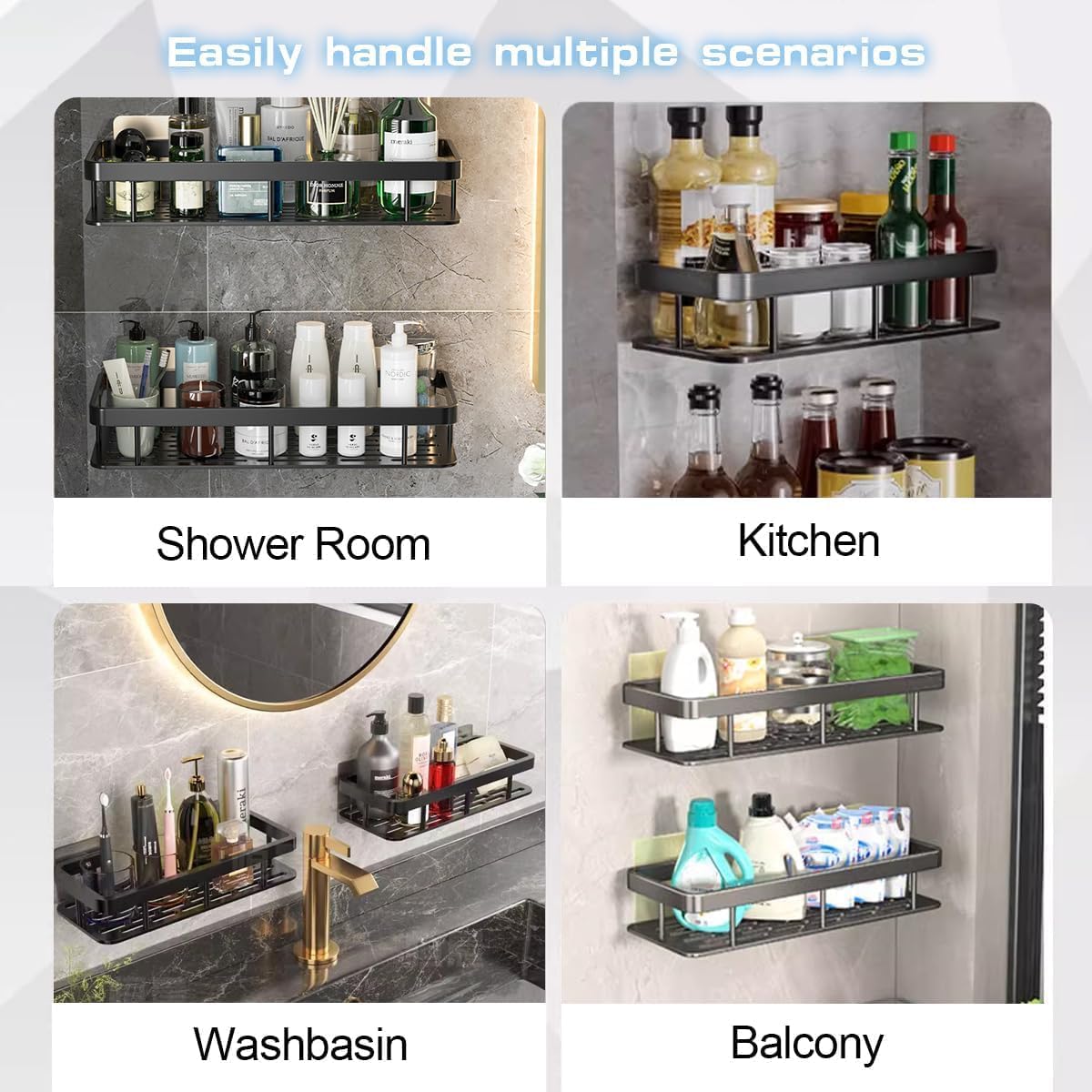 SKY-TOUCH 4 Pack Shower Caddy,Bathroom Shower Organizer shelves,Rustproof Waterproof& Easy Mount,No Drilling - Self Adhesive,Home Wall Shower Inside Organization,30 * 13 * 4cm,Max Capacity 30lbs