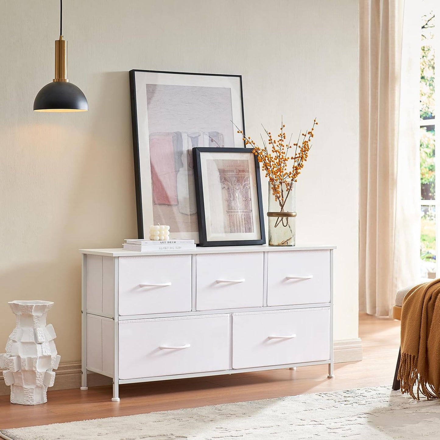 SKY-TOUCH Storage Cabinet : Bedroom Dresser with 5 Drawers Wide Storage Chest with Removable Fabric Bins Storage Organizer Unit for Living Room Entryway Hallway Nursery Kids Room (100*30*52CM Black/Brown/white)