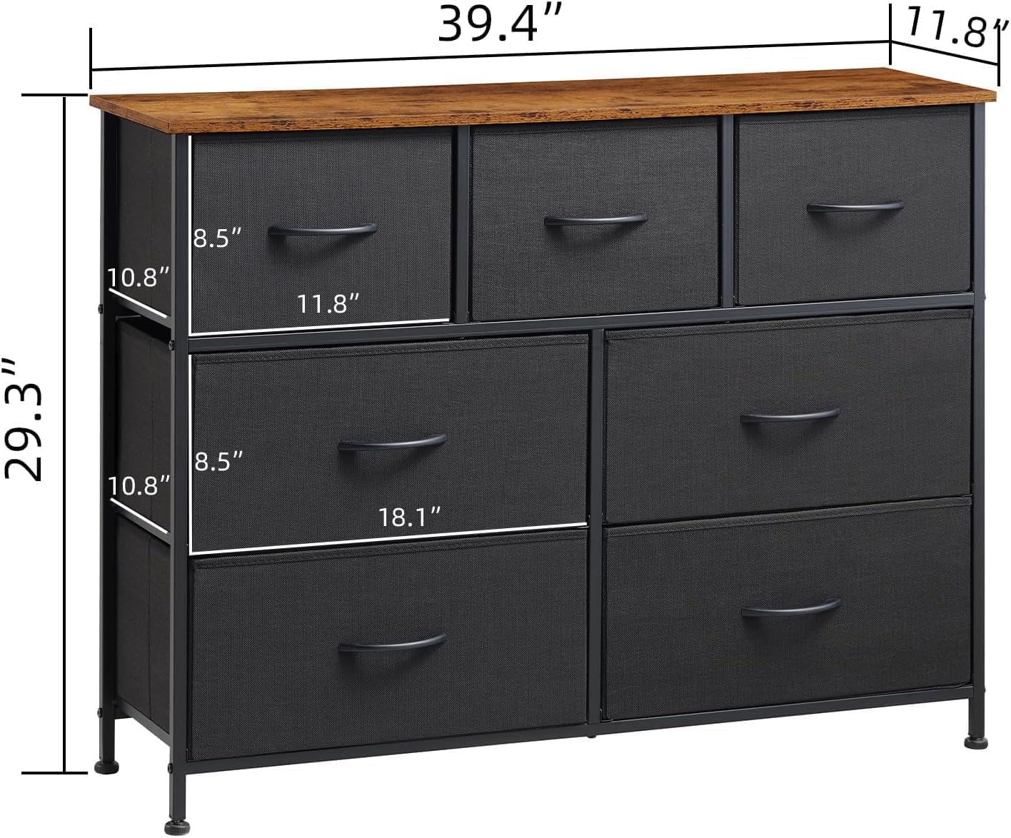 SKY-TOUCH Storage Cabinet : Bedroom Dresser with 7 Drawers Wide Storage Chest with Removable Fabric Bins Storage Organizer Unit for Living Room Entryway Hallway Nursery Kids Room (100*30*74CM Black/Brown)